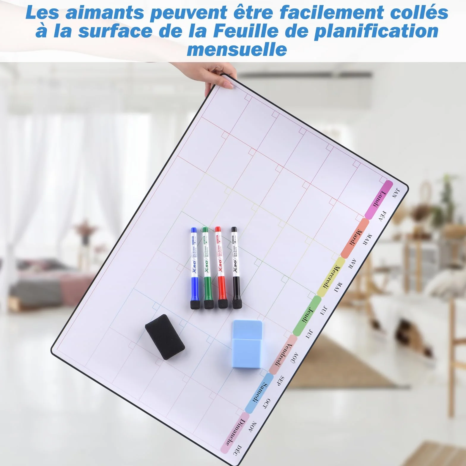 POPRUN Calendrier Adhésif Tableau Blanc Planning Mural 60x40 cm Planificateur Mensuel Semainier Effaçable