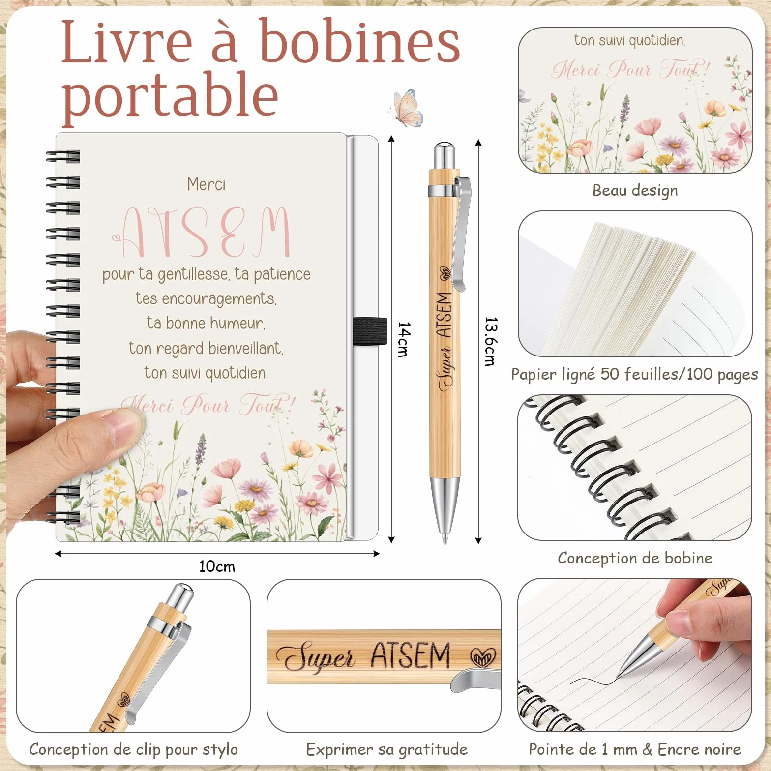 Cadeaux Merci pour ATSEM Sac Fourre-Tout Porte-Clés Stylo Carnet à Spirale Enveloppe Plaque de Cœur Fin d'Année