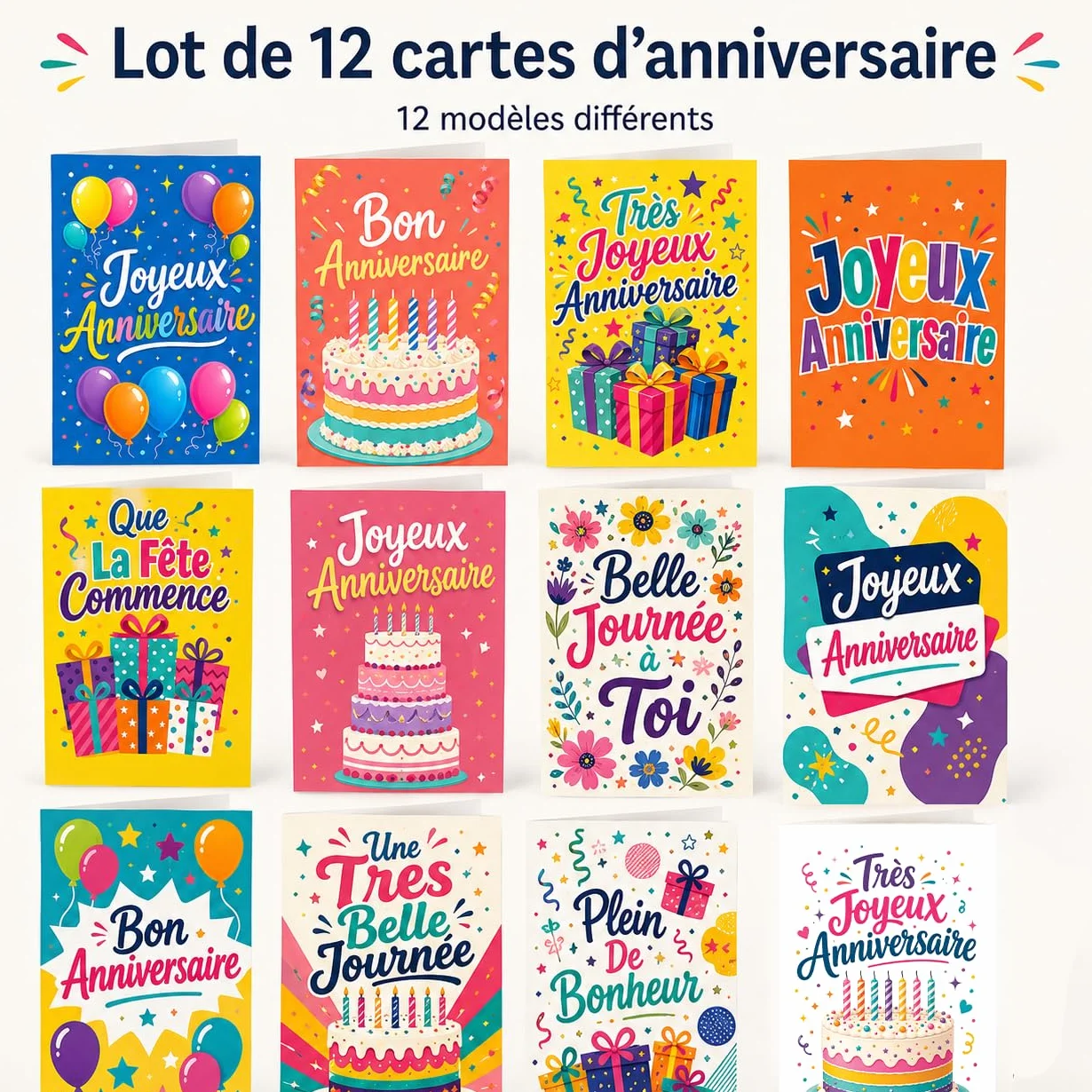 Lot de 12 cartes d’anniversaire en français avec enveloppes kraft recyclées, designs A6, papier cartonné nacré