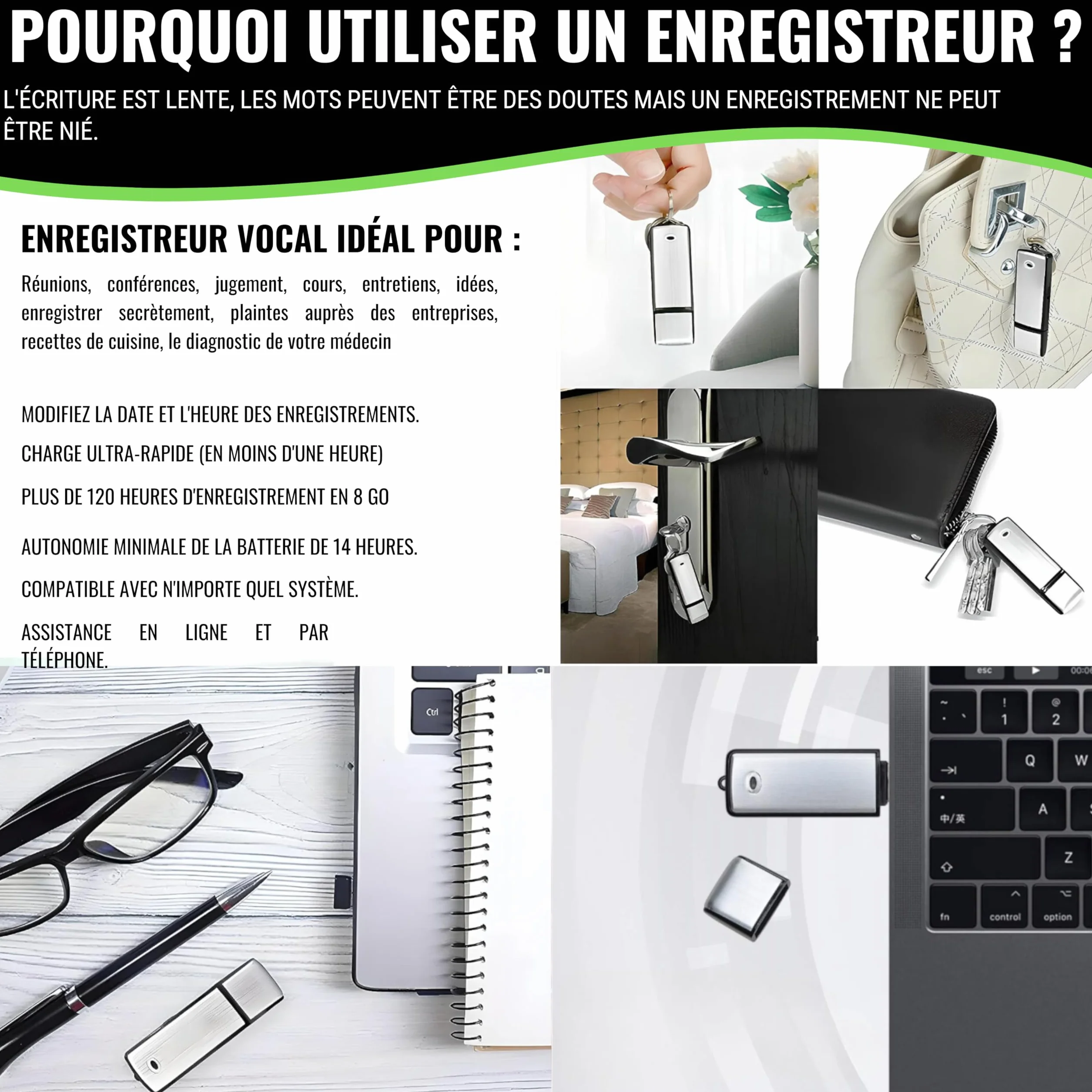 Enregistreur Vocal Numérique USB 8 Go Dictaphone Micro Espion Discret pour Réunions Interviews Cours NF3