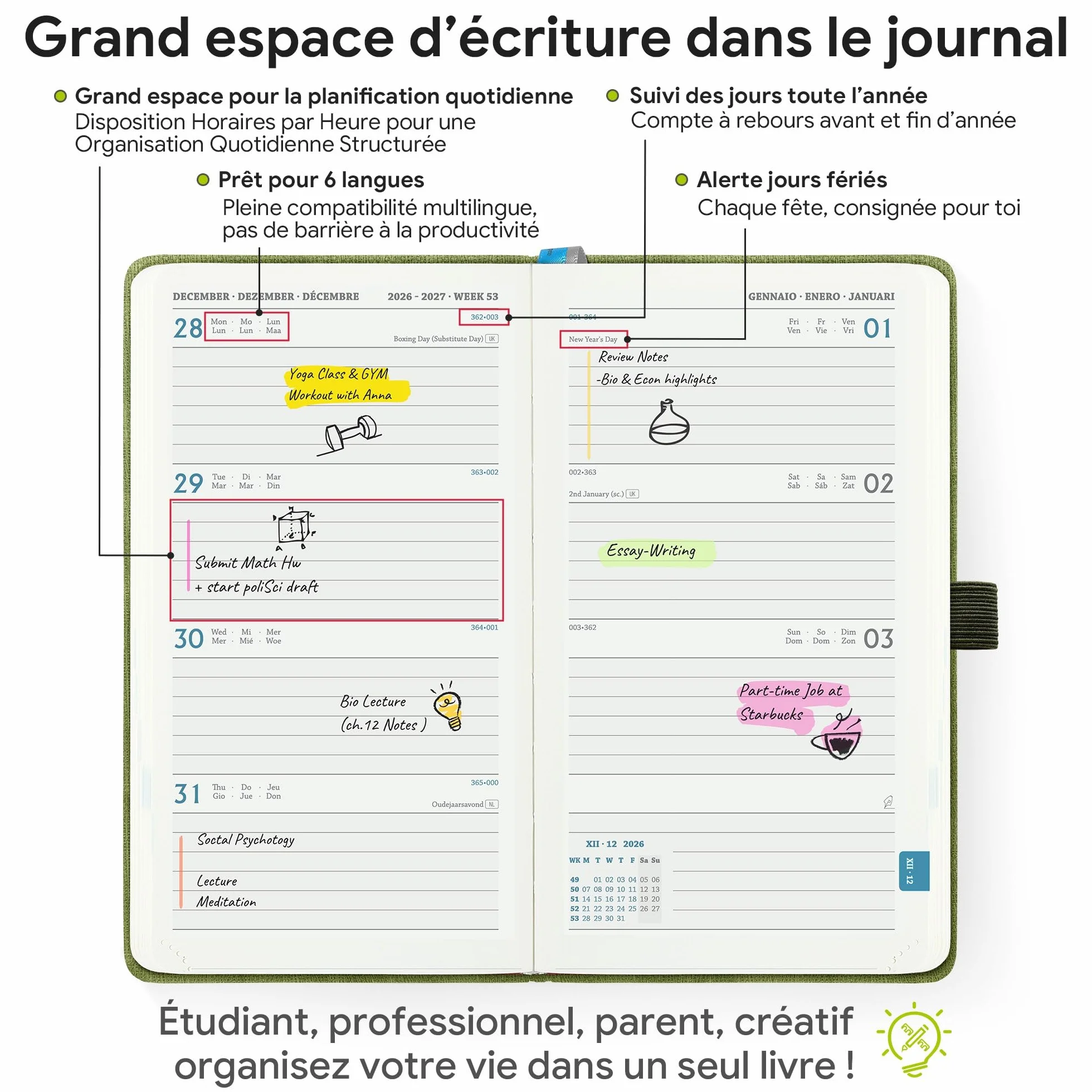 Agenda 2026-2027 Semainier de Poche A6 18 Mois Couverture Rigide PU Cuir Bleu
