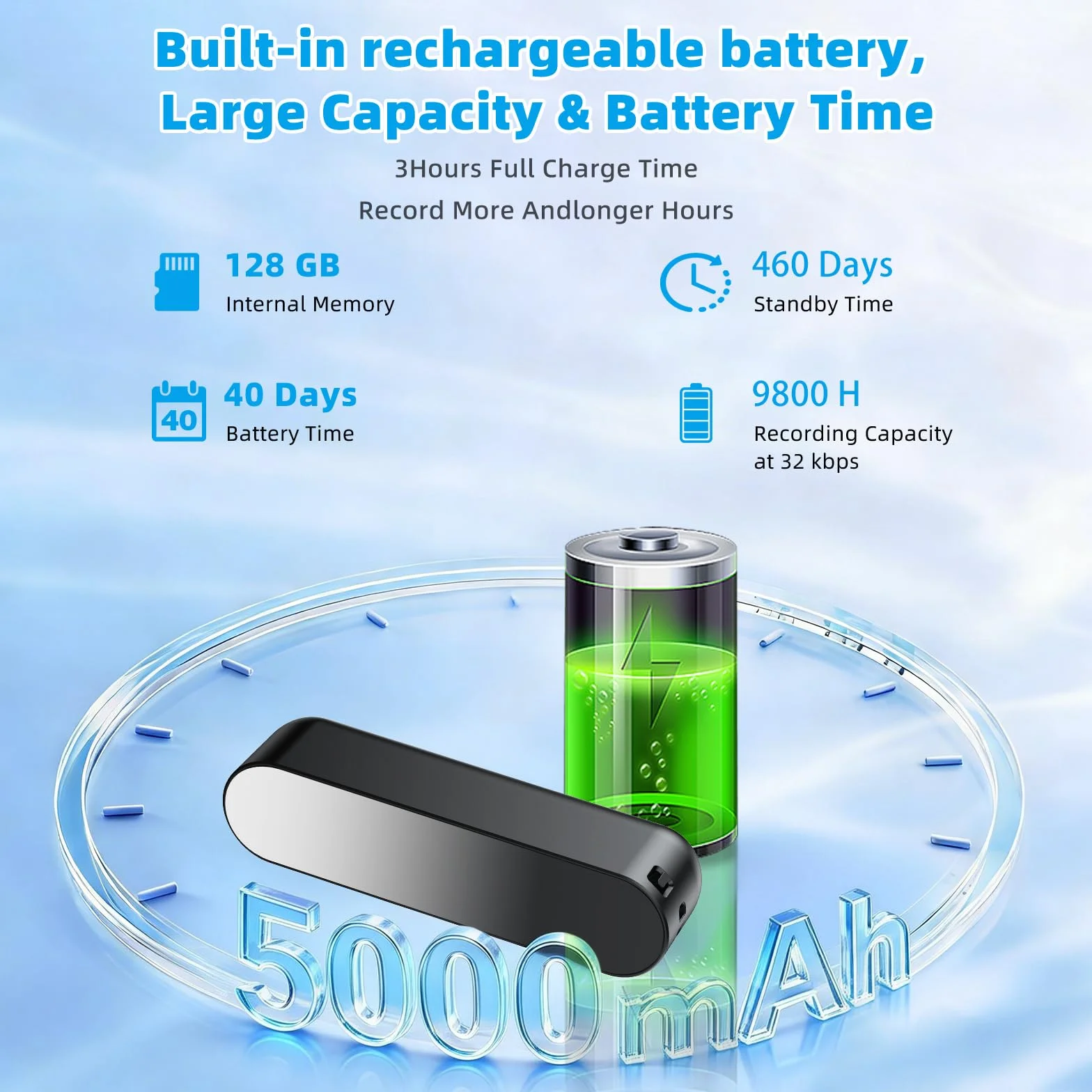 Enregistreur Vocal 128Go Magnétique 40 Jours Enregistrement Continu Activation Vocale Rechargeable USB