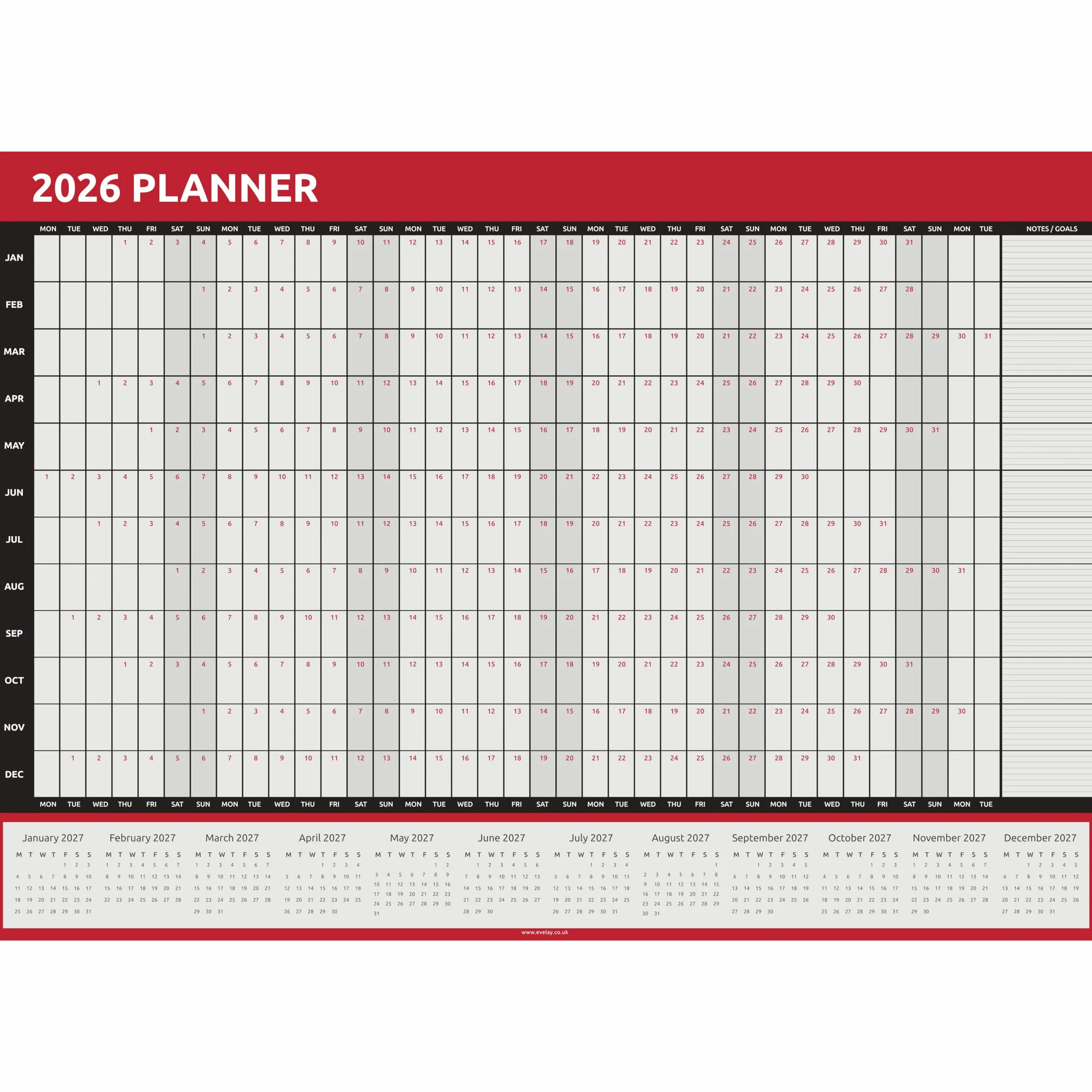 Calendrier mural 2026 A1 84x59 cm annuel complet rouge