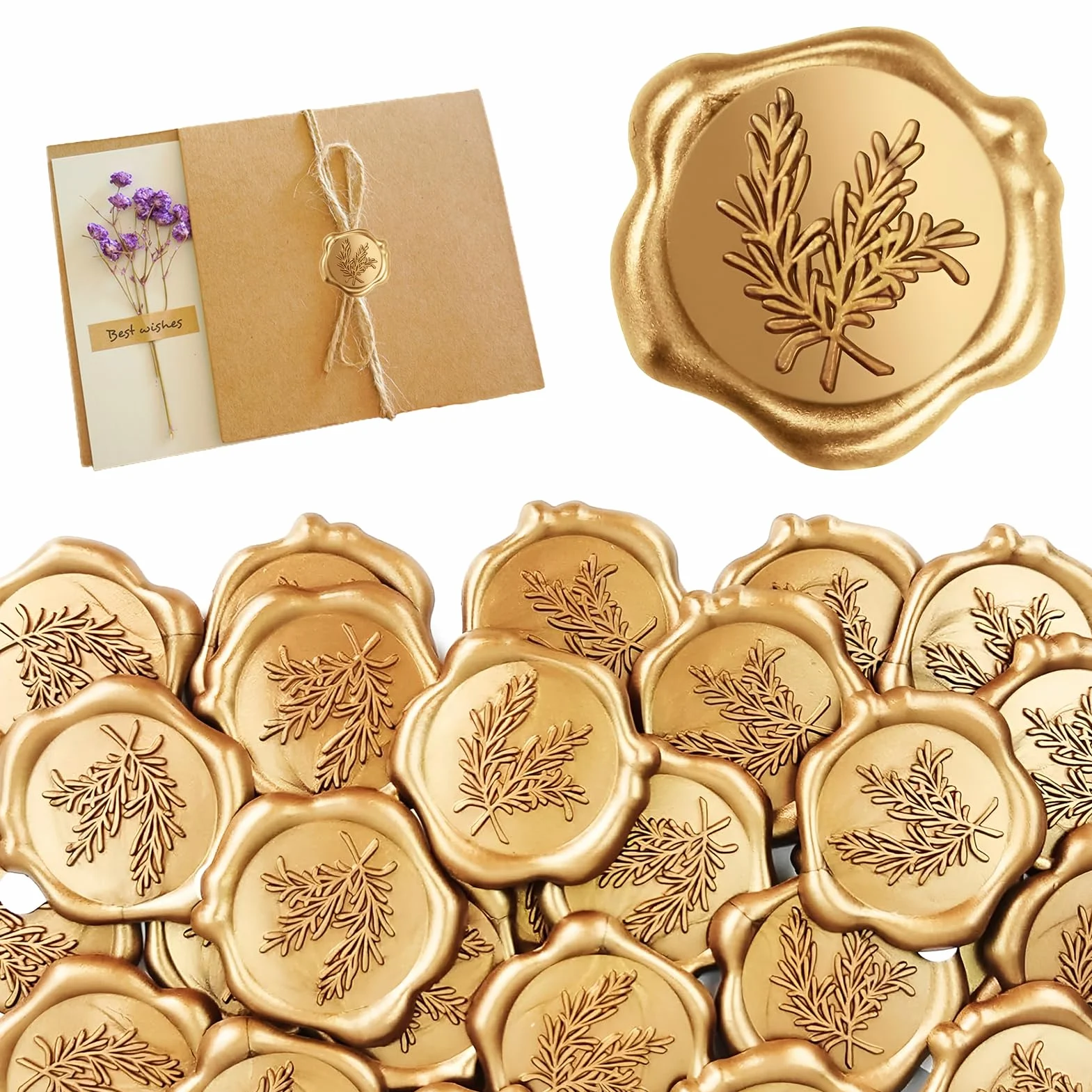 Sceau De Cire Autocollants Dorés 50 Pièces Avec Poignée En Bois Pour Mariages Invitations Lettres Cadeaux