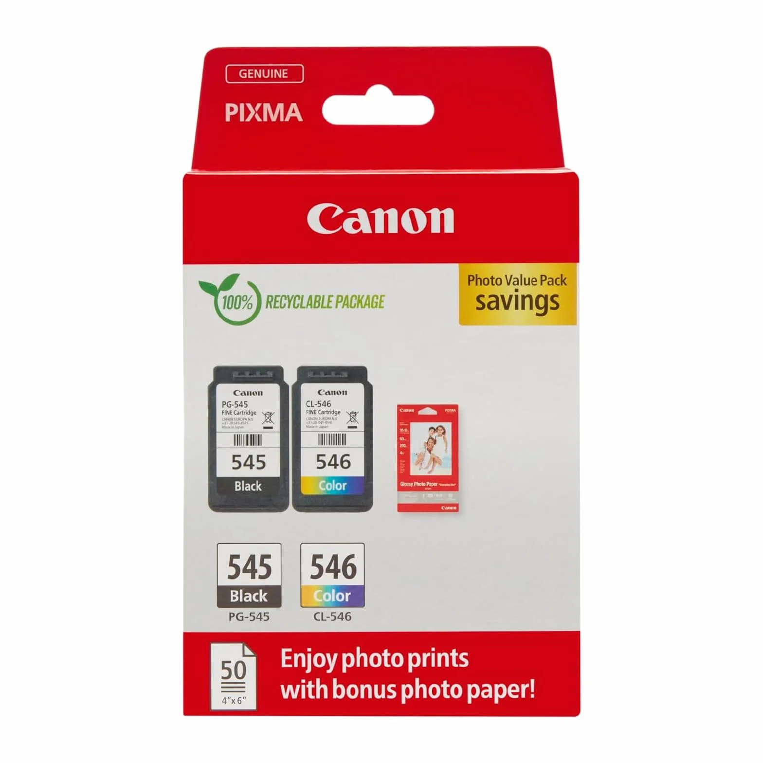 Canon PG-545 CL-546 Cartouches d'encre Authentique 2 Pack & Papier Photo 4x6 50 Feuilles