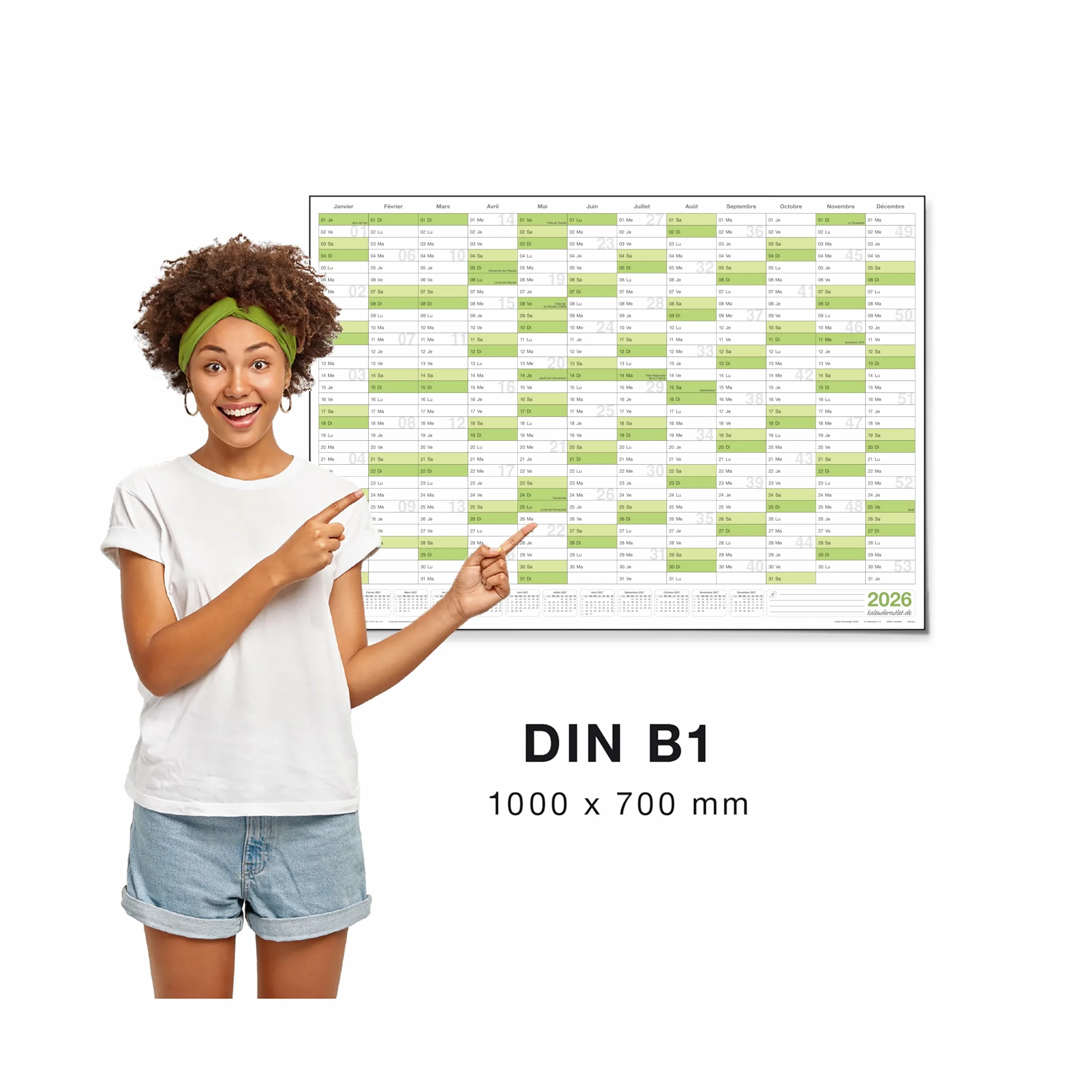 Calendrier mural effaçable DIN B1 100x70 cm 2026 – planner annuel réinscriptible plastifié avec 4 marqueurs et 1 éponge – version française