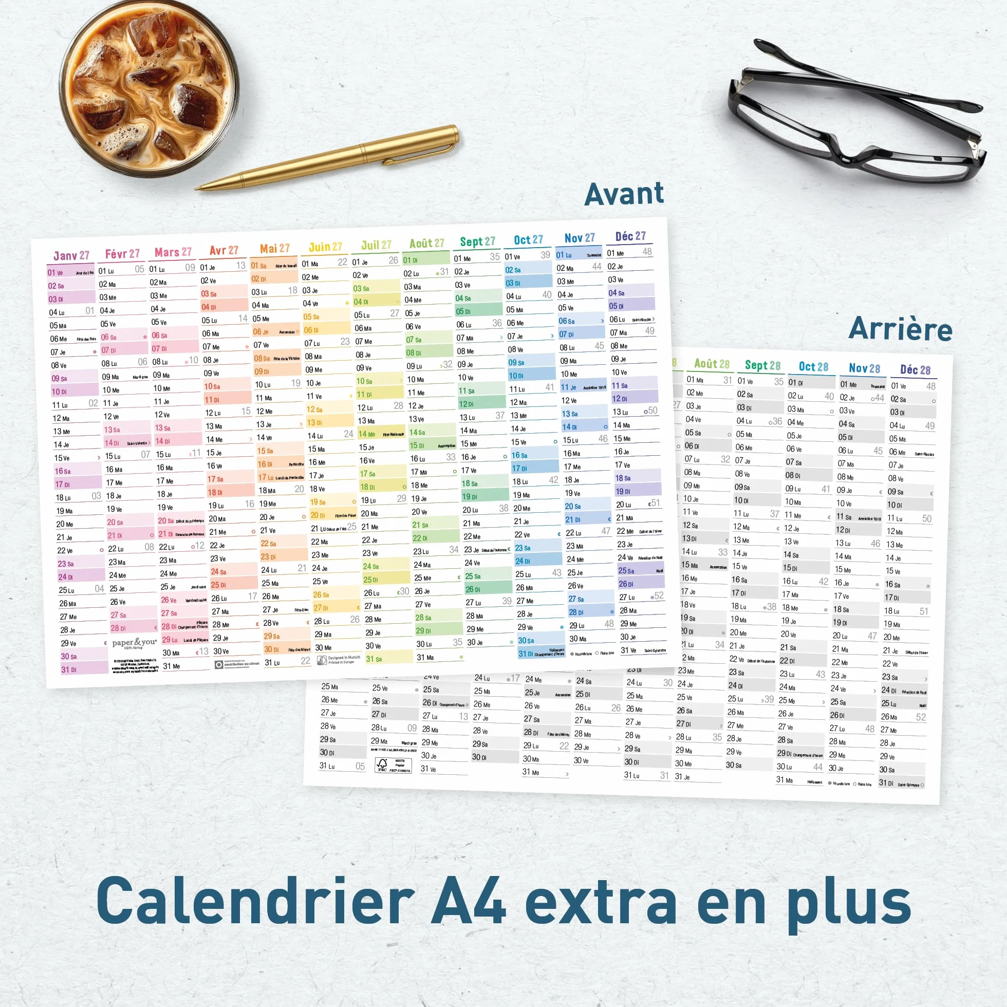 Häfft® Calendrier mural XXL 2027 A1+ papier français 63 x 89 cm plié Rainbow + agenda annuel A4 gratuit jours fériés France