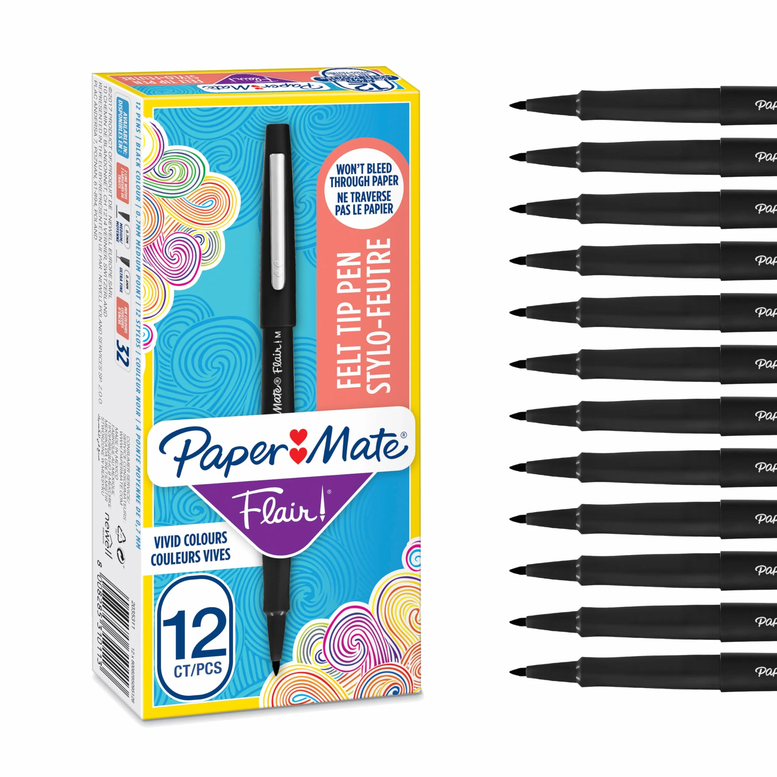 Paper Mate Flair Stylos feutres pointe moyenne 0,7 mm encre noire boîte de 12