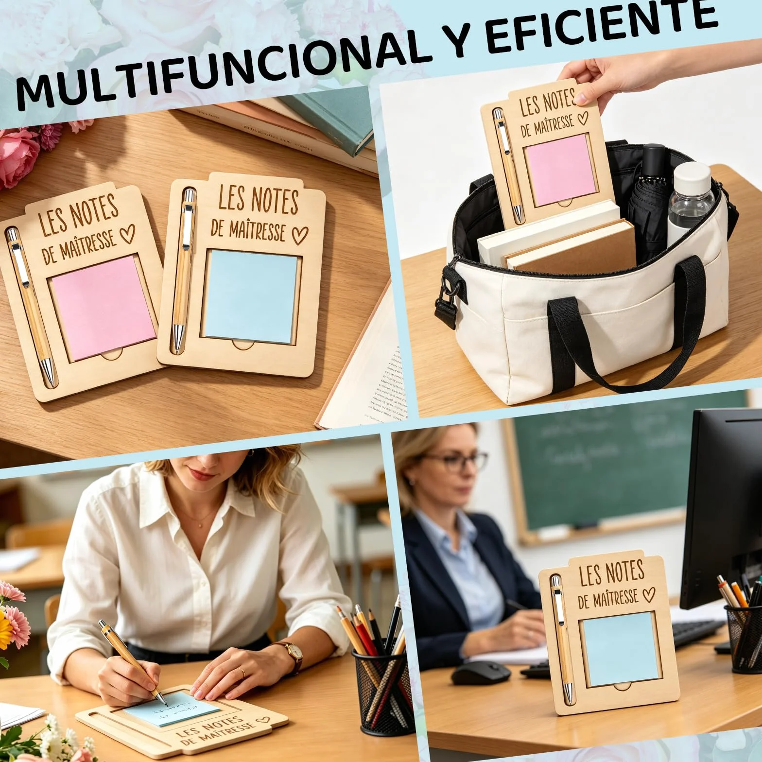 Ensemble 6 Pièces Porte-Notes En Bois Avec Stylos Et Pense-Bête, Cadeau Enseignante Original