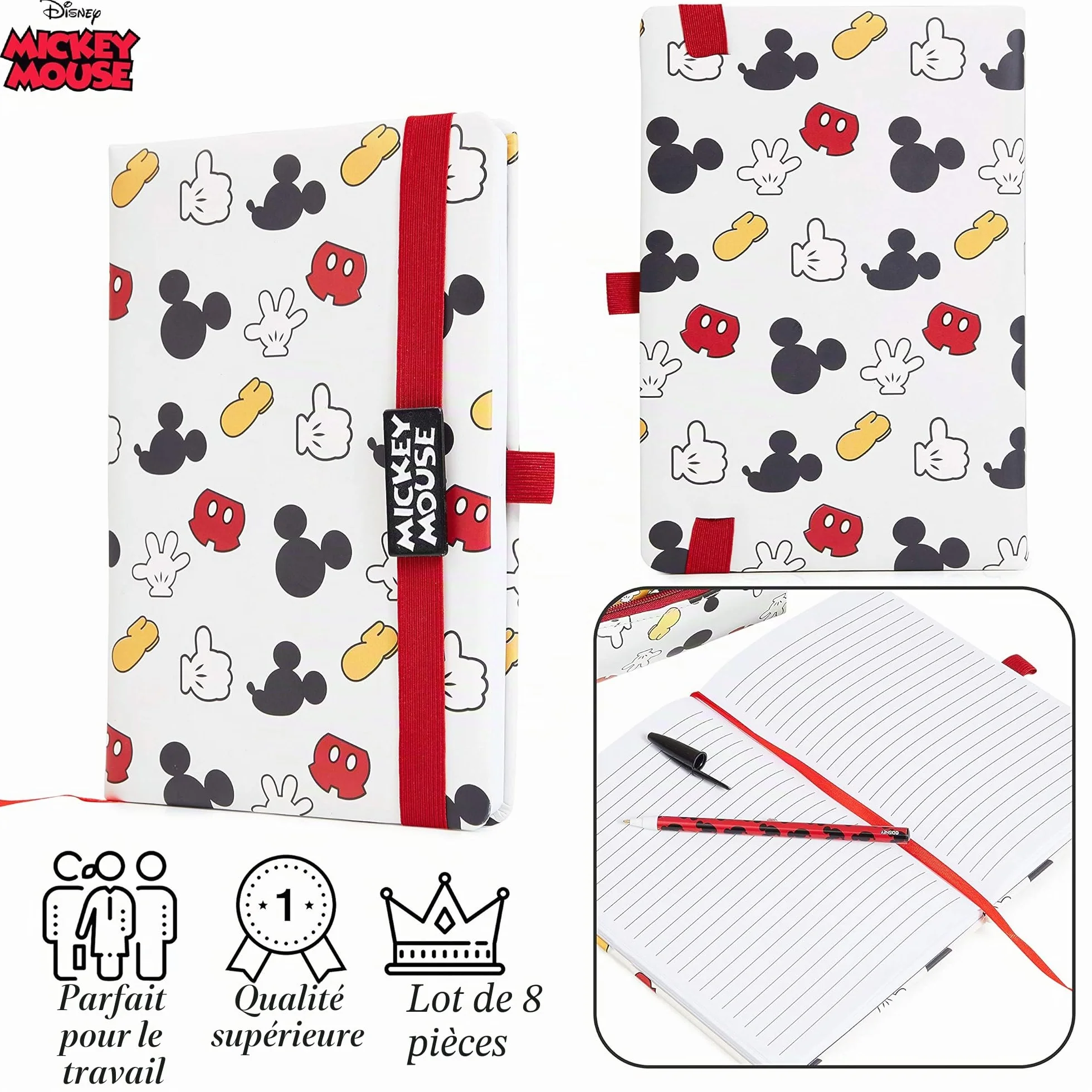 Disney Set Papeterie Kawaii Fournitures Scolaires Bureau Carnet Trousse Stylo Enfant Fille Adulte Cadeau Mickey Minnie Bourriquet Baby Yoda Blanc Rouge