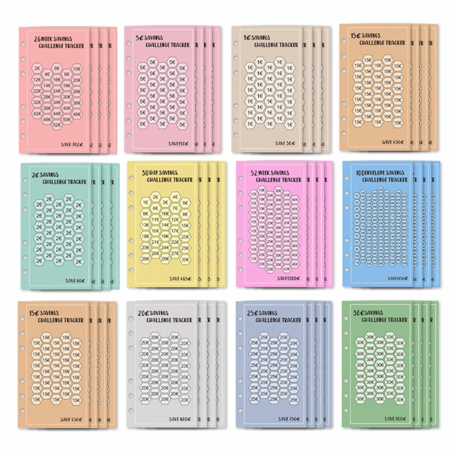 Lot de 48 Feuilles de Budget A6, Classeur Budget Set de Défi, Suivi de Budget 6 Trous Tracker