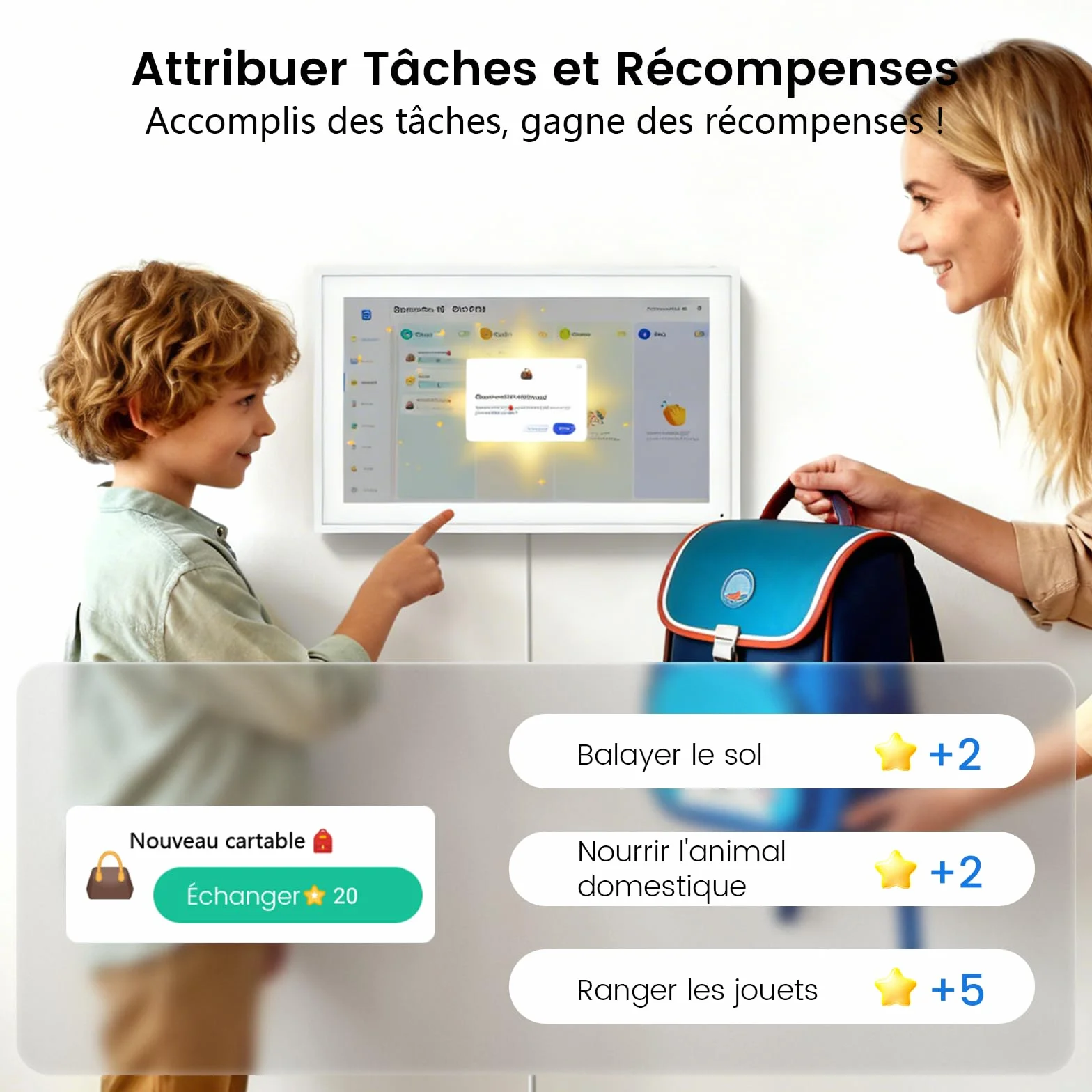 NEWYES Calendrier Numérique Mural 15 Pouces 2026 Semainier Sync Wi-Fi Tableau Récompense Enfant Cadre Photo Numérique Écran Tactile Intelligent