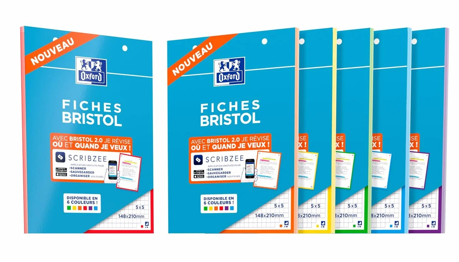 OXFORD Lot 3 Blocs Fiches Bristol Perforées A5 2.0 Bordures Couleurs Aléatoires