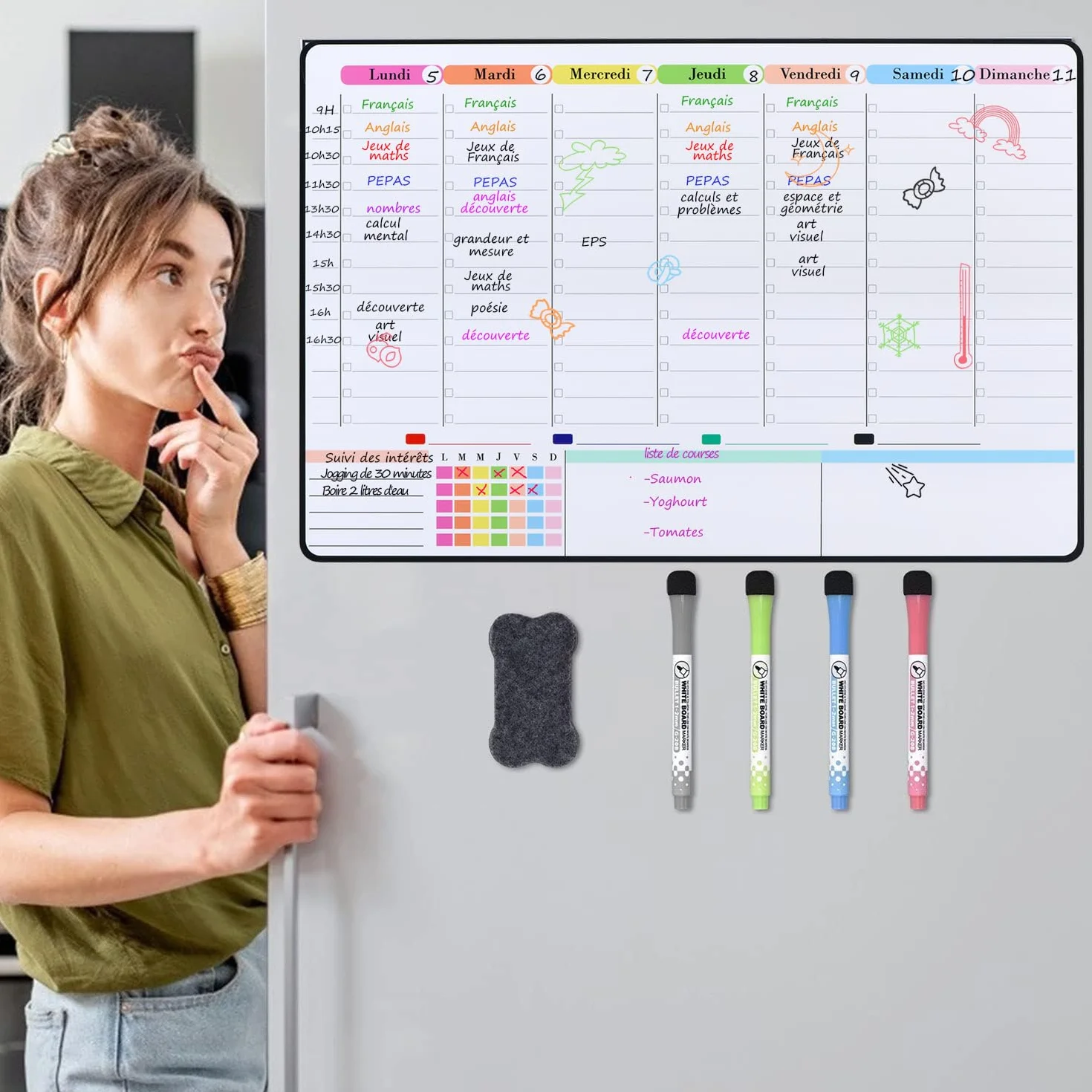 POPRUN Tableau Blanc Effaçable Magnétique 42×28 cm, Calendrier Frigo Planning Semaine Organisateur Hebdomadaire