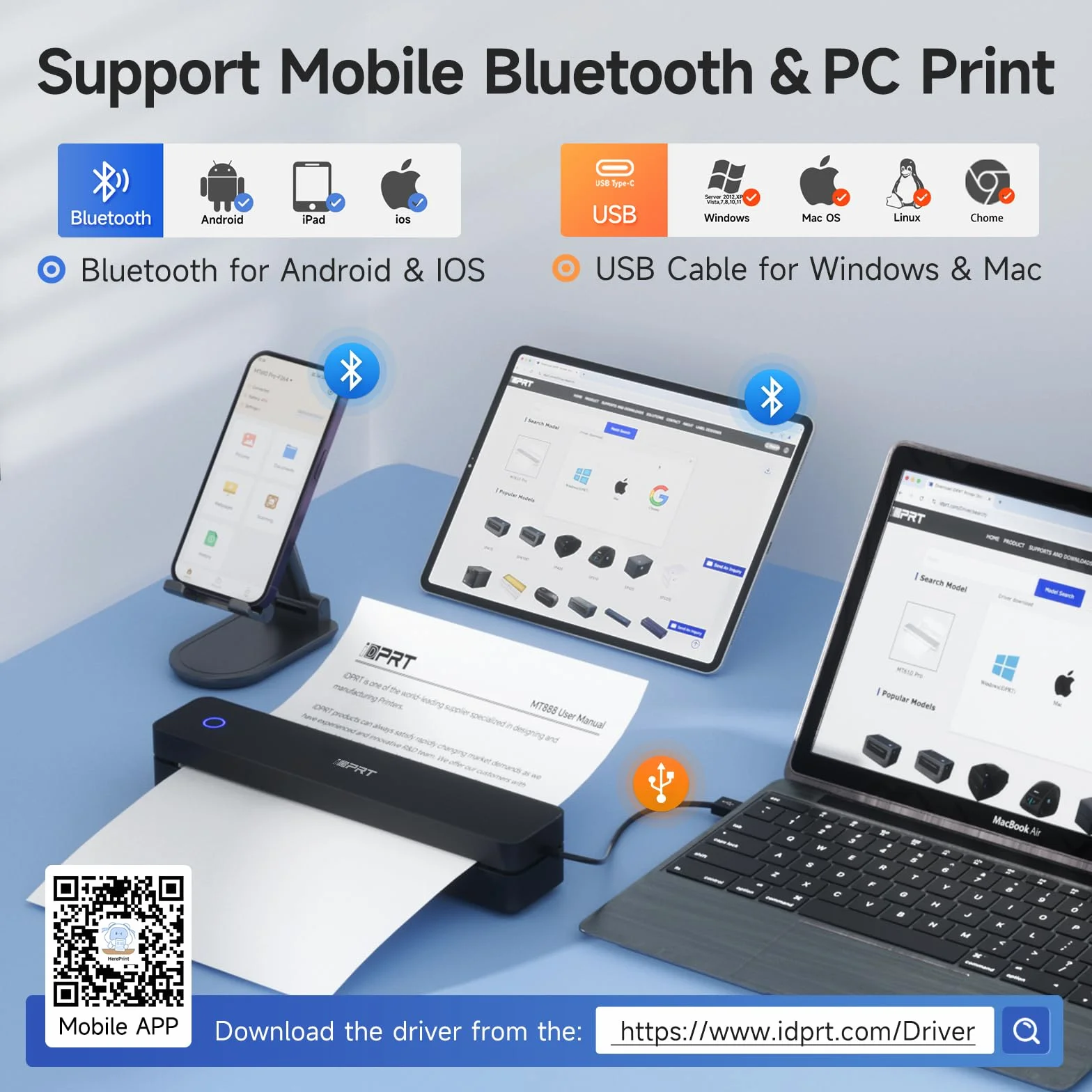 iDPRT Imprimante portable sans fil Bluetooth 21,6 x 27,9 cm compatible iOS Android ordinateur portable