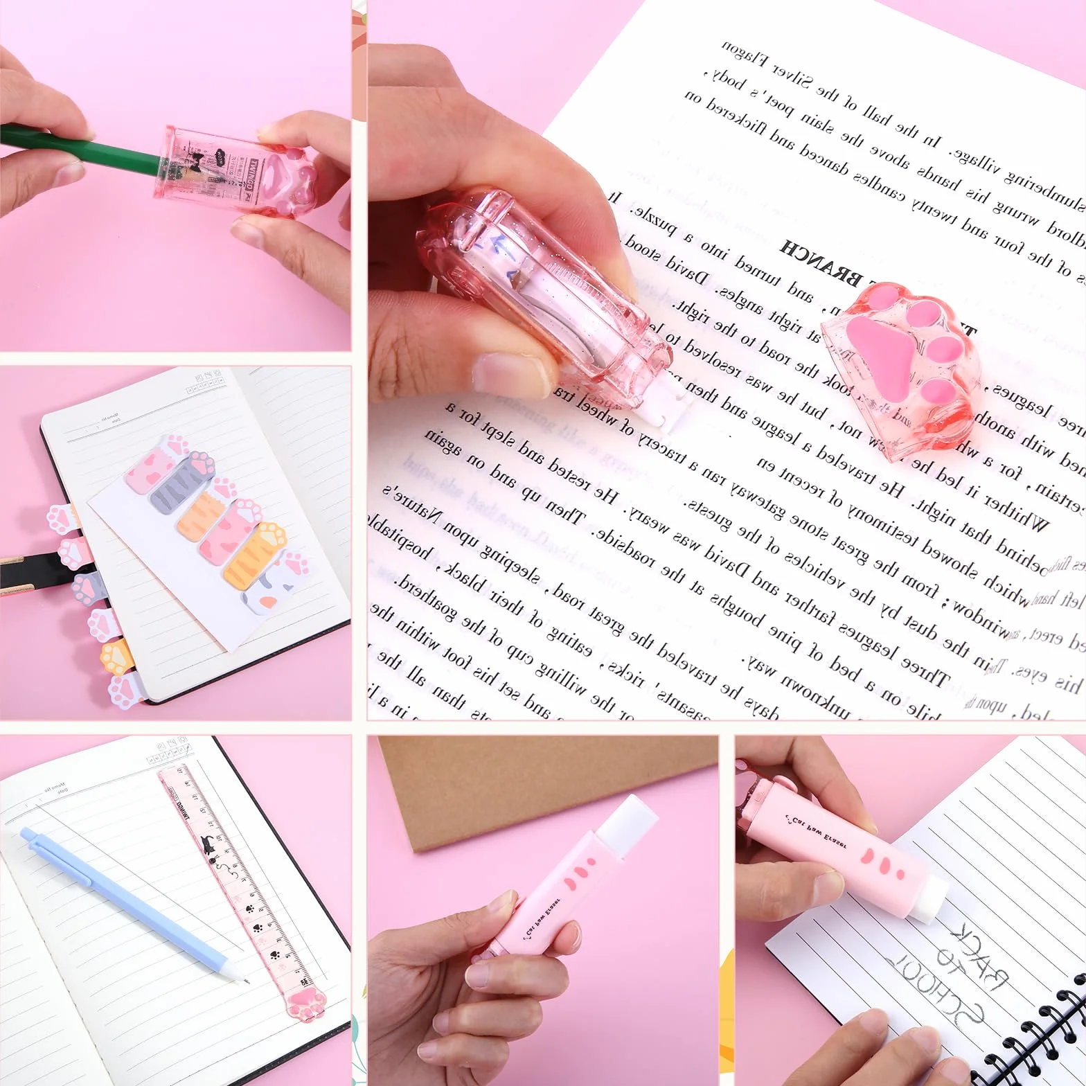 Lot de 7 articles de papeterie taille-crayon rétractable, ruban correcteur, gomme, notes adhésives, règle, mini ciseaux et cutter universel (rose)