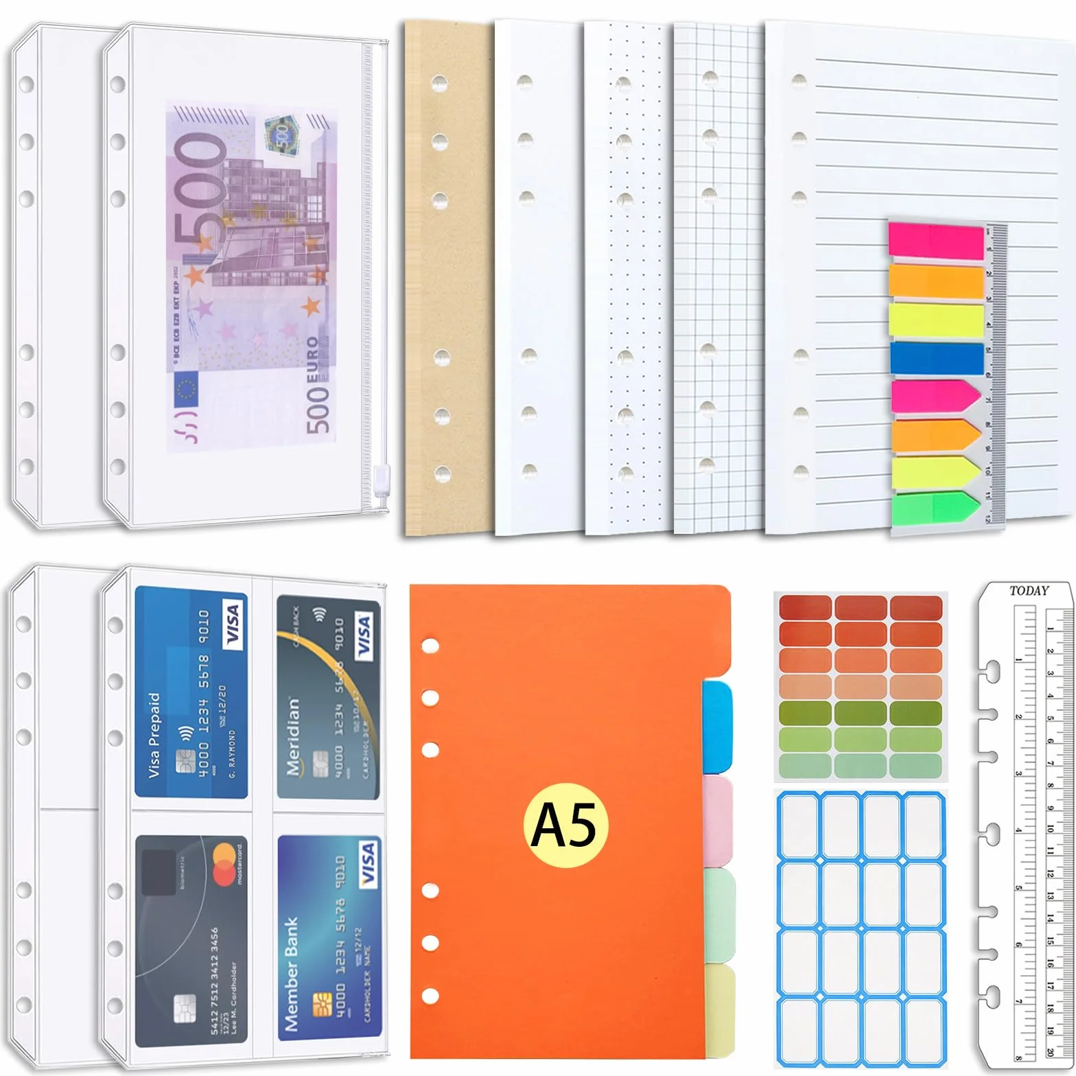 Recharges de papier A5 6 trous 100 feuilles 200 pages Intercalaires colorés Notes enveloppe pour classeur à 6 anneaux
