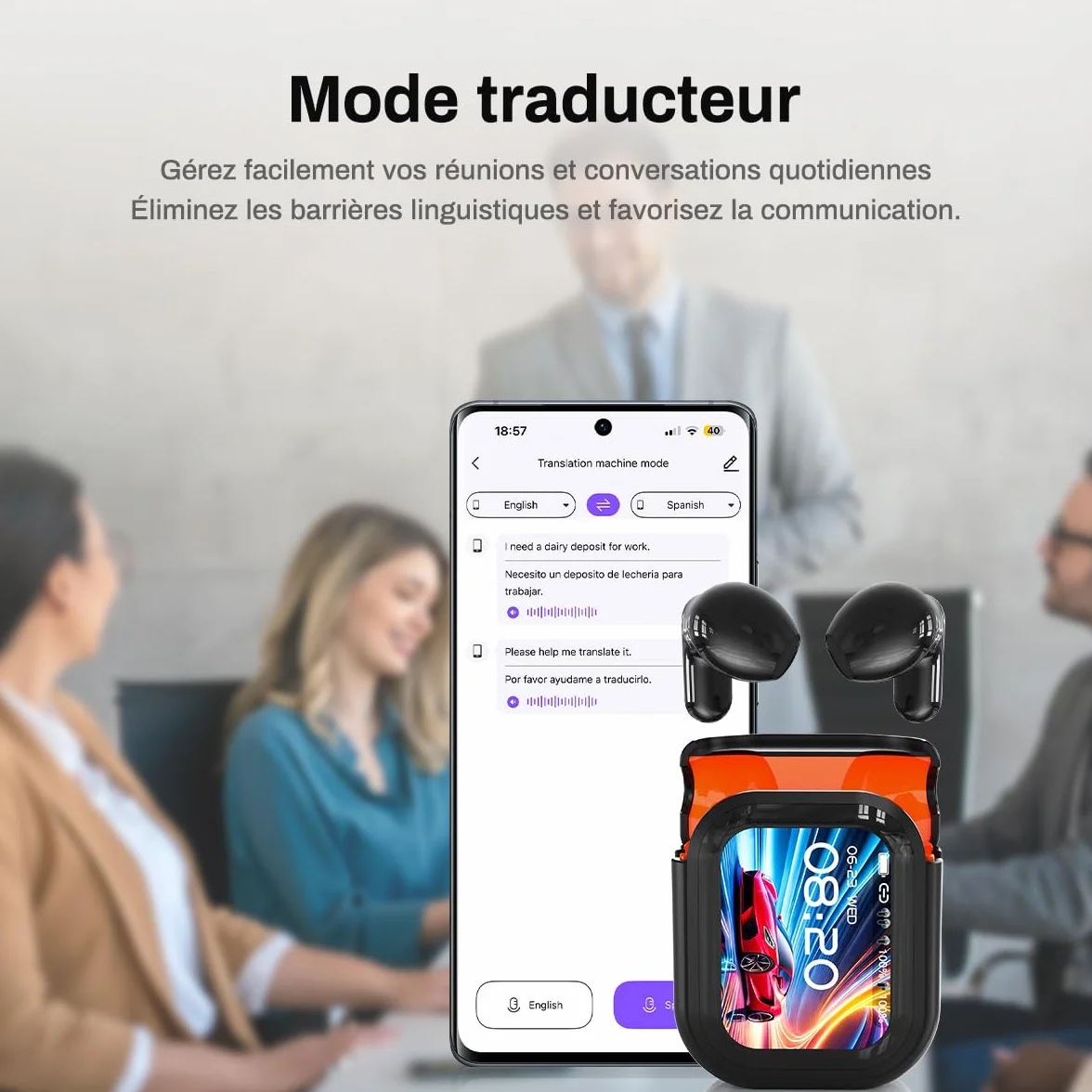 NE20 Ecouteur Traducteur Instantané IA 165 Langues 7 Modes Bluetooth 6.0 Écran Tactile Autonomie 60h