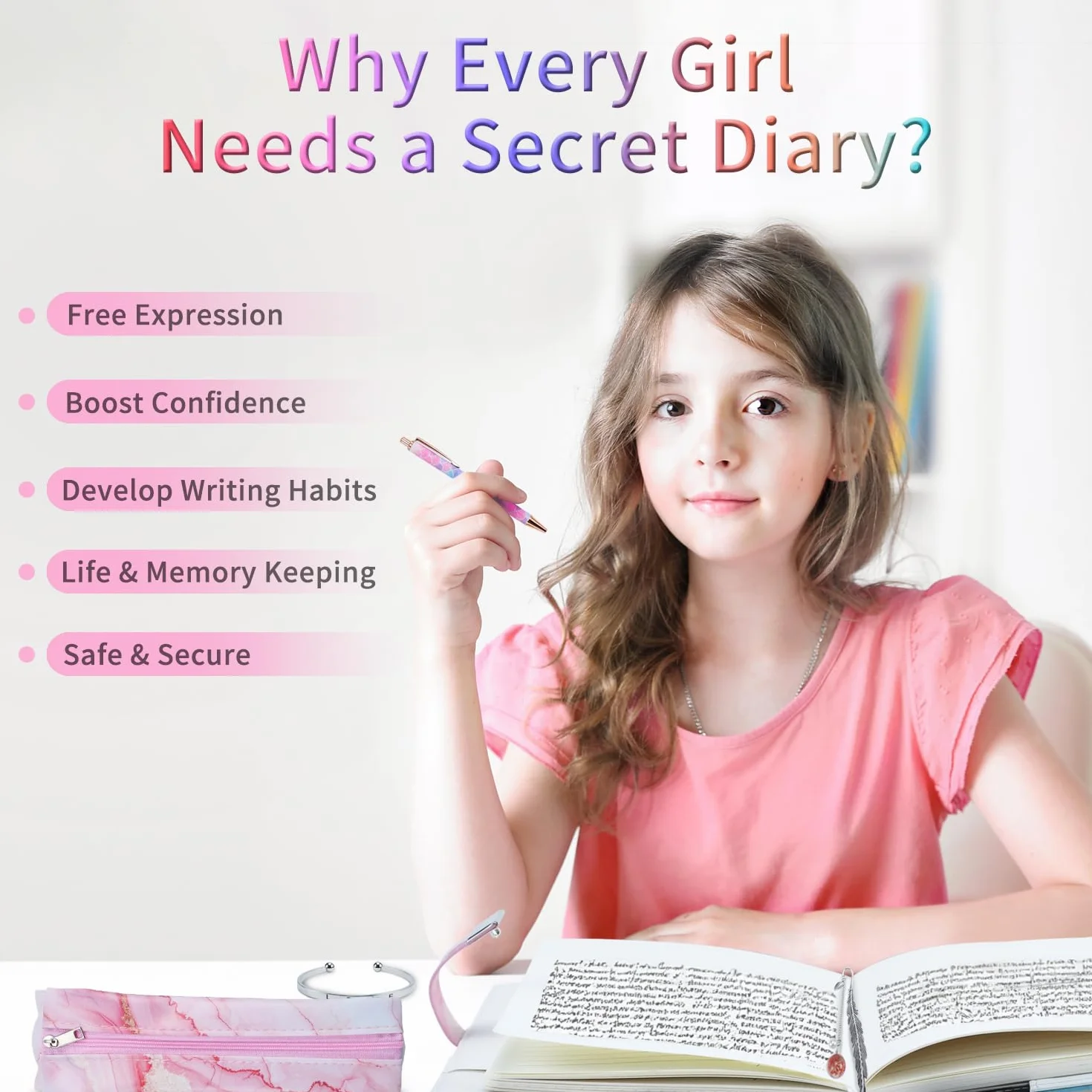 Journal Intime Fille avec Serrure à Combinaison, Carnet Secret Cuir PU avec Stylo, Marque-page, Bracelet, Set Papeterie Cadeau Adolescentes