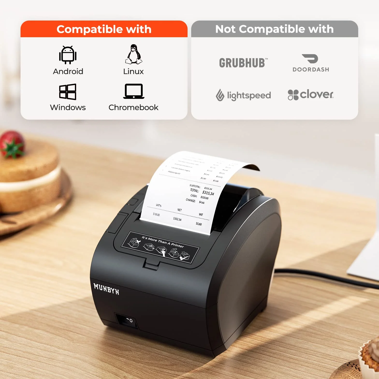 MUNBYN Imprimante de reçus WiFi 80 mm USB ESC/POS Support Mural Découpe Automatique Noir