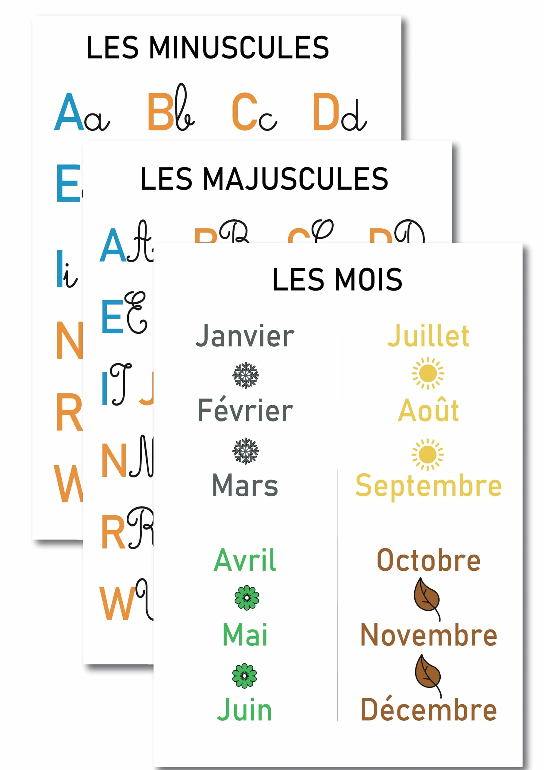 Affiches Pédagogiques A3 Alphabet Cursive Majuscules Minuscules Voyelles Consonnes Mois Saisons Posters Éducatifs Maternelle CP CE1