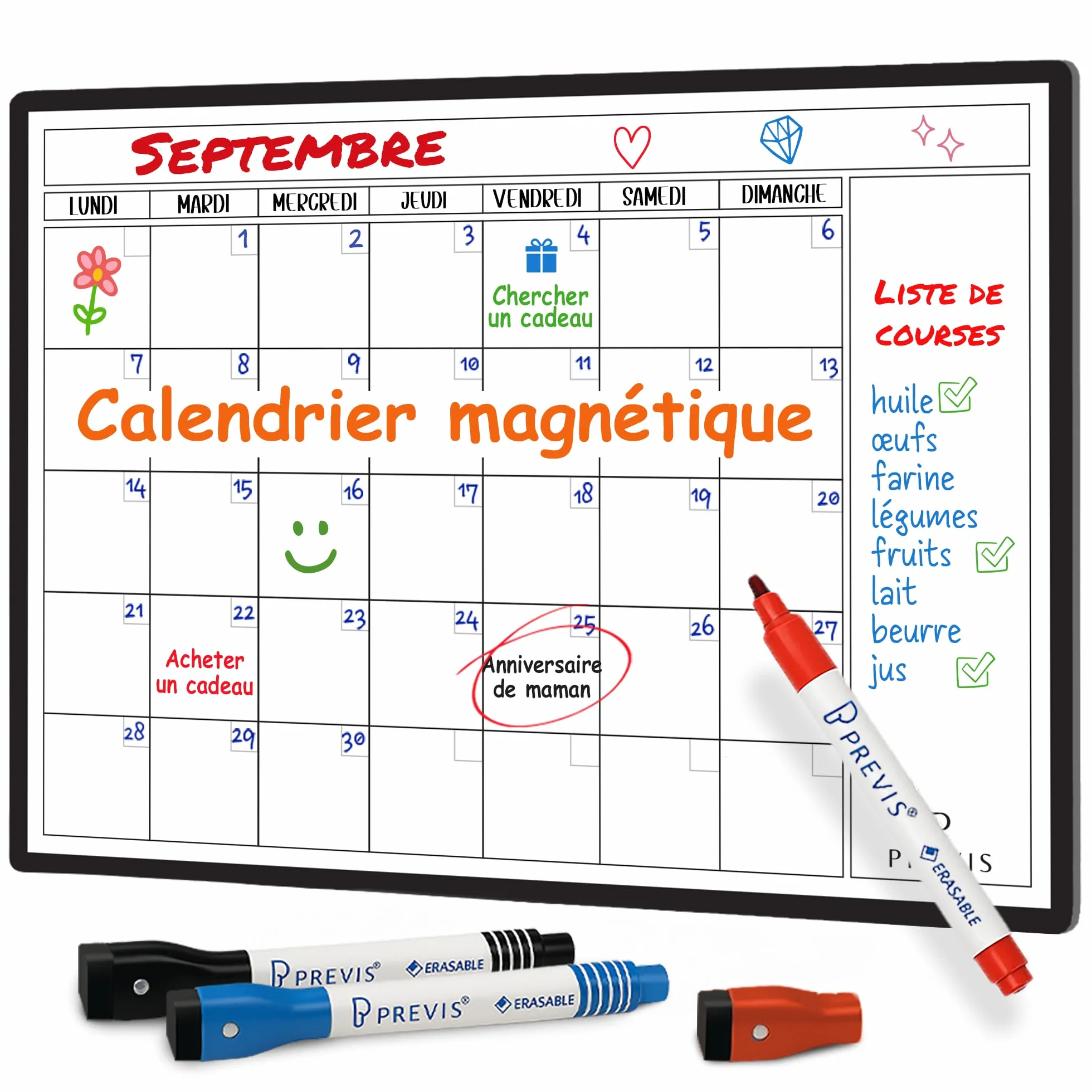 Previs Calendrier Magnetique Frigo A4 (21x29cm) avec 3 Marqueurs Premium - Planning Mensuel Aimanté 2025 2026