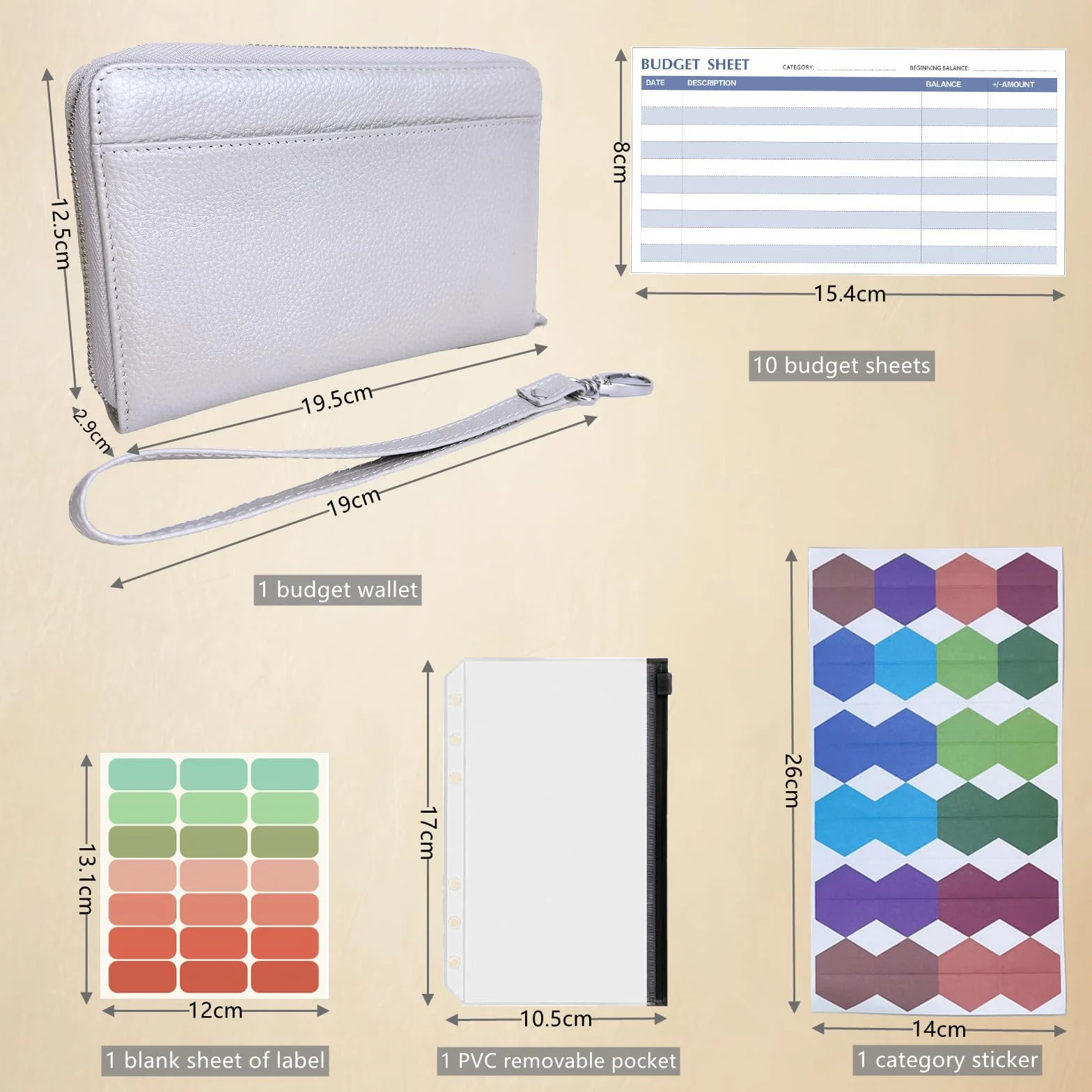 Système de budget multifonctionnel avec 12 feuilles de budget, étiquettes de catégorie et bracelet 19cm * 13cm Argent