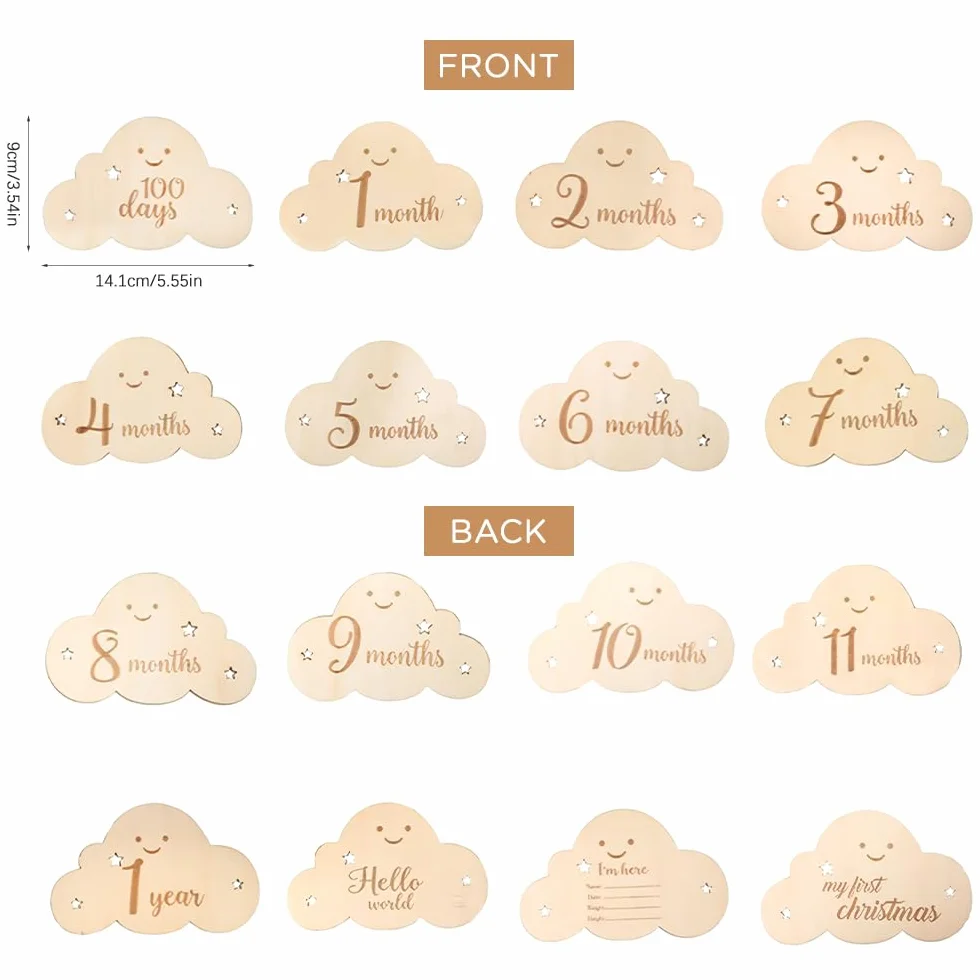 Cartes mensuelles en bois pour bébé - Motif nuage et étoile