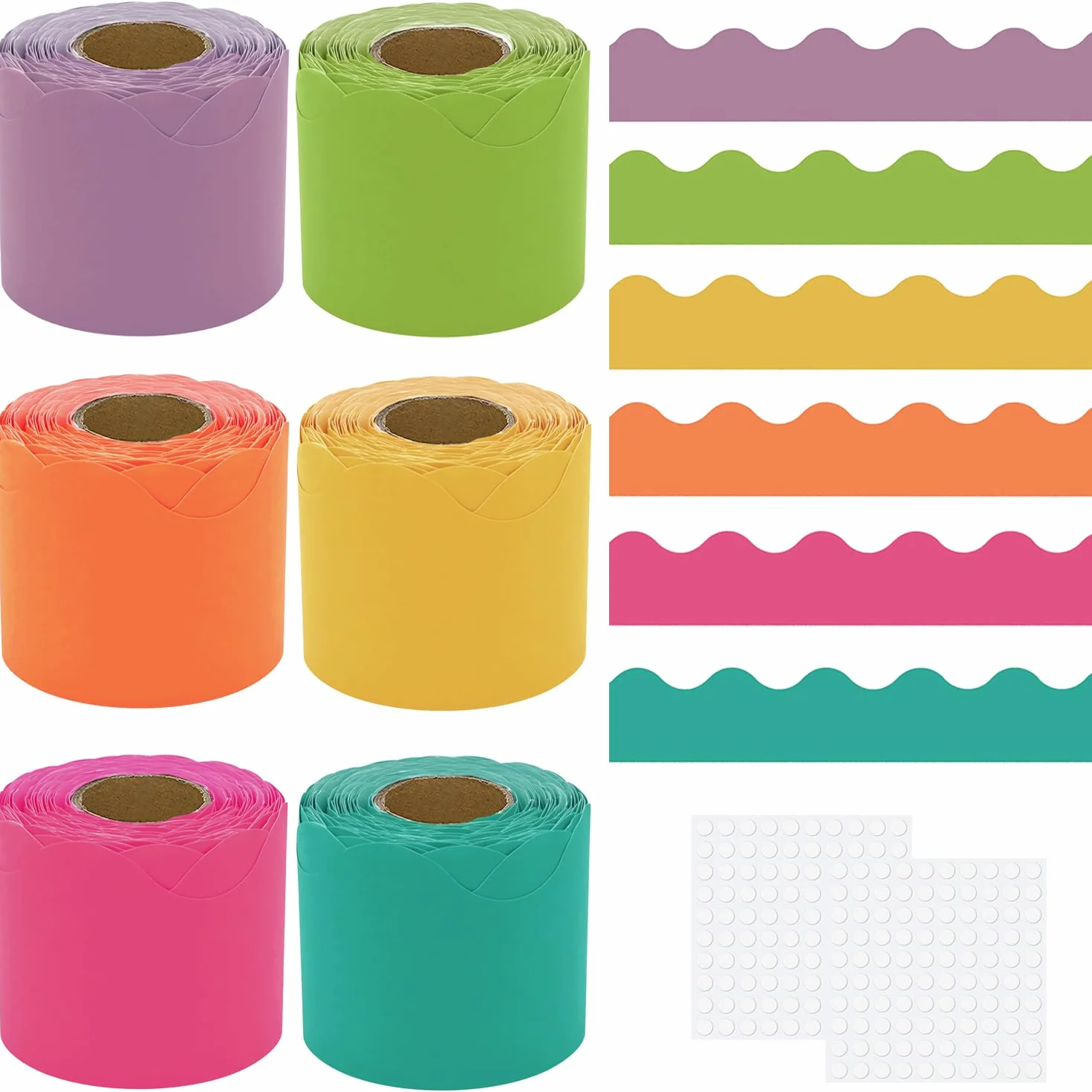 Lot de 6 rouleaux de bordures colorées pour tableau d'affichage, 200 points de colle, amovible et imperméable