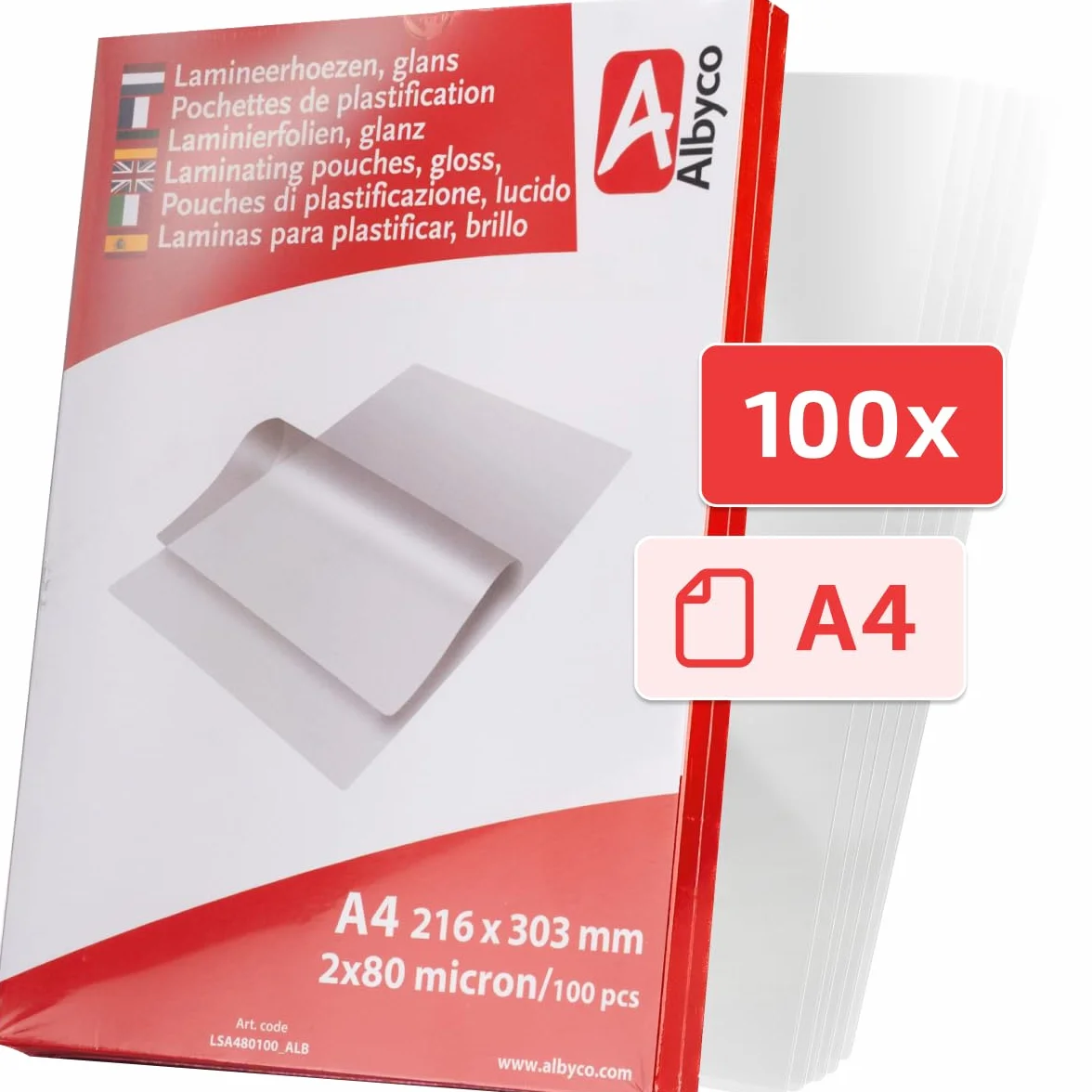 Albyco Pochettes de Plastification A4 216x303mm 2x80 Microns Brillant Paquet de 100 Pièces
