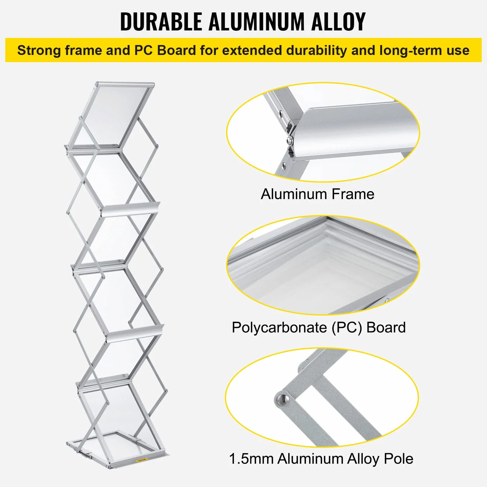 VEVOR Présentoir à Brochures en Alliage Aluminium Pliable 6 Compartiments A4 Portable 26x36x152 cm