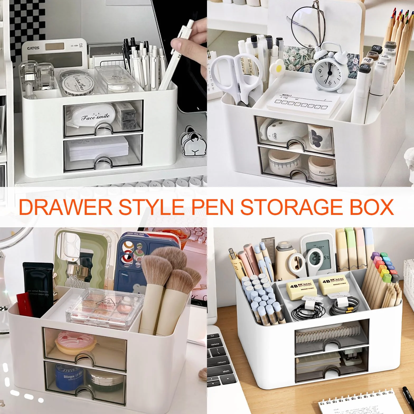 Organisateur de Bureau en Plastique avec 5 Compartiments & 2 Tiroir, Multifonction, Blanc