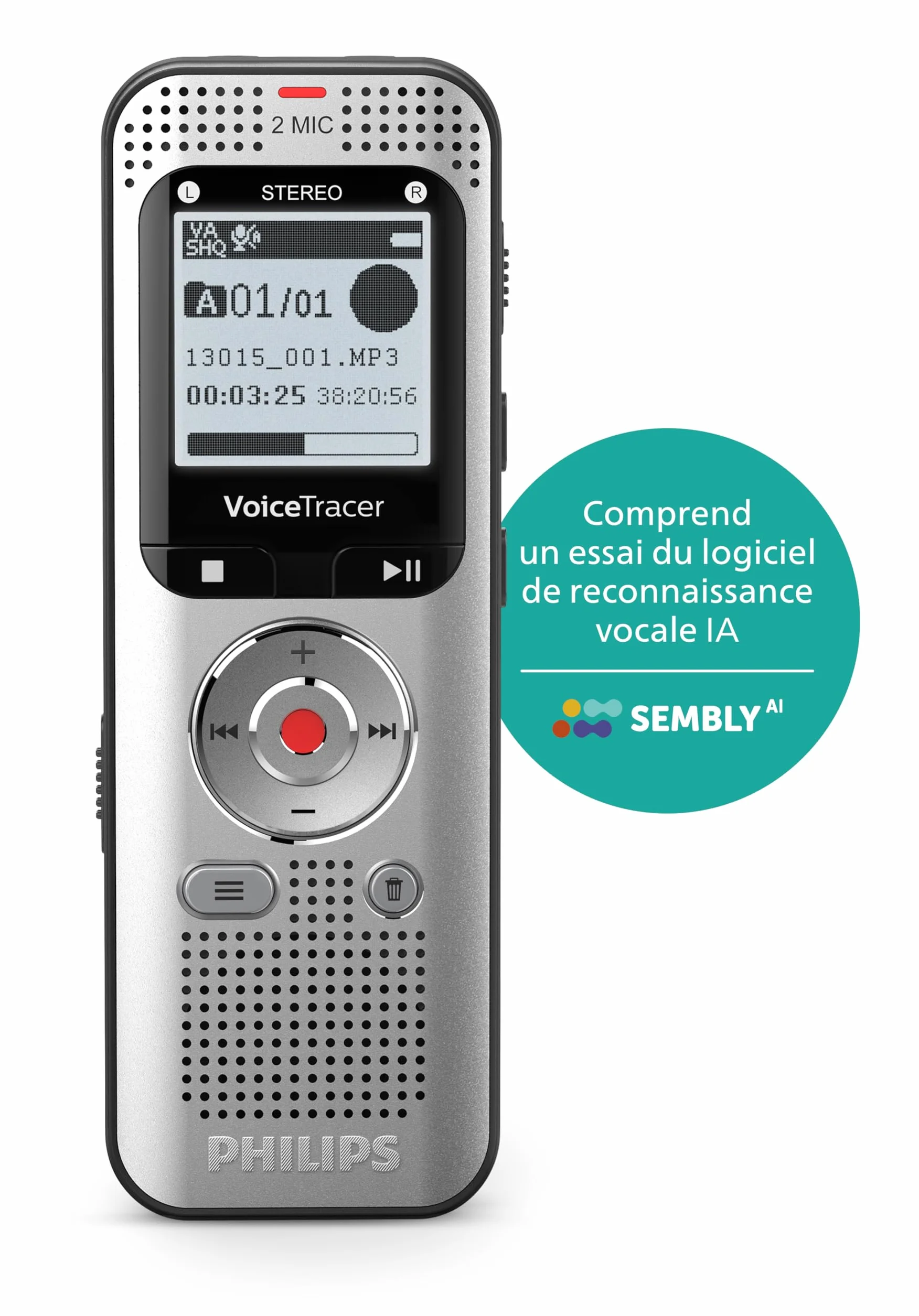 PHILIPS VoiceTracer DVT2015 Enregistreur Vocal 8 Go MP3 2 Microphones stéréo