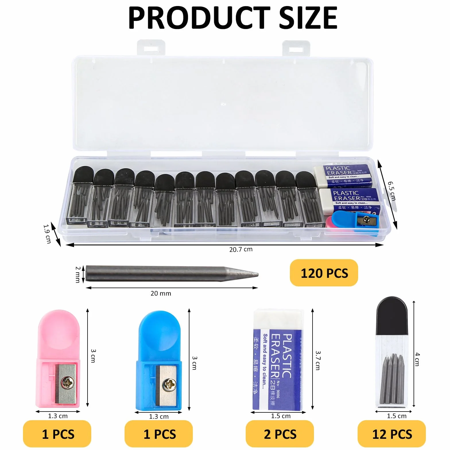 ZEFAN Mines de rechange 2B 2 mm 2 cm pour compas, lot de 120 avec rouleaux de guidage et gommes