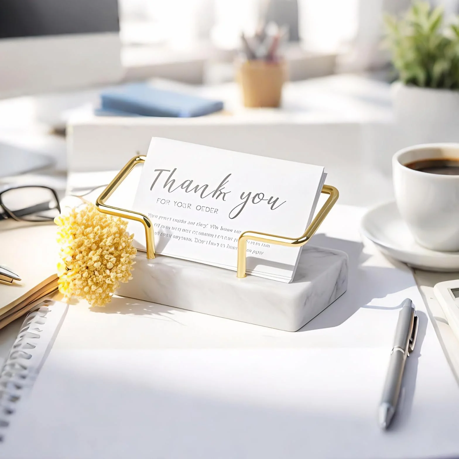 Support Porte-cartes de Visite en Marbre et Métal Premium pour Bureau