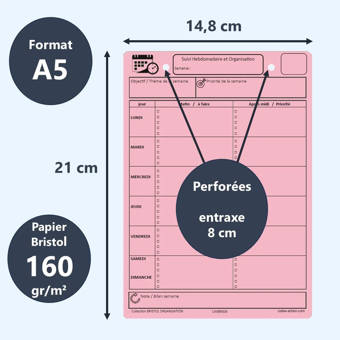 Planning Hebdomadaire A5 – Lot de 40 Fiches Bristol 160 g/m², Suivi Objectifs Tâches Habitudes, Organisation Productivité