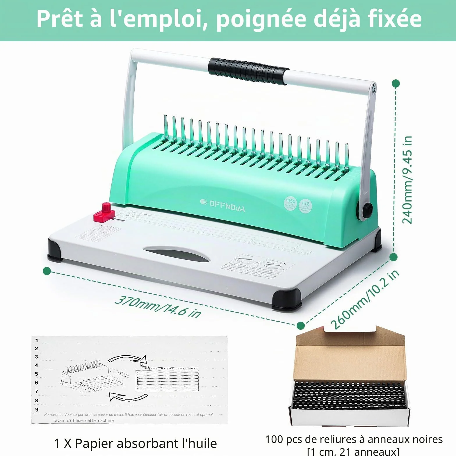 OFFNOVA Relieuse 21 trous 450 feuilles A4 A5 classeur 100 reliures 1,9 cm