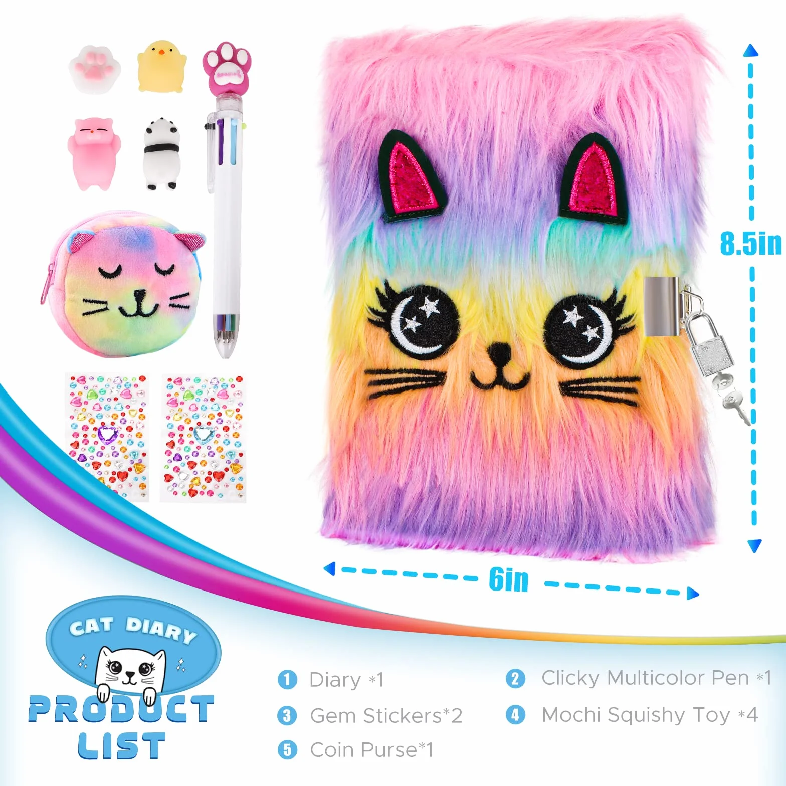 Journal Intime Fille A5 160 Pages Carnet Secret avec Clé et Cadenas, Sac à Main, Stylo Multicolore, Cadeau Enfants 6-9 Ans