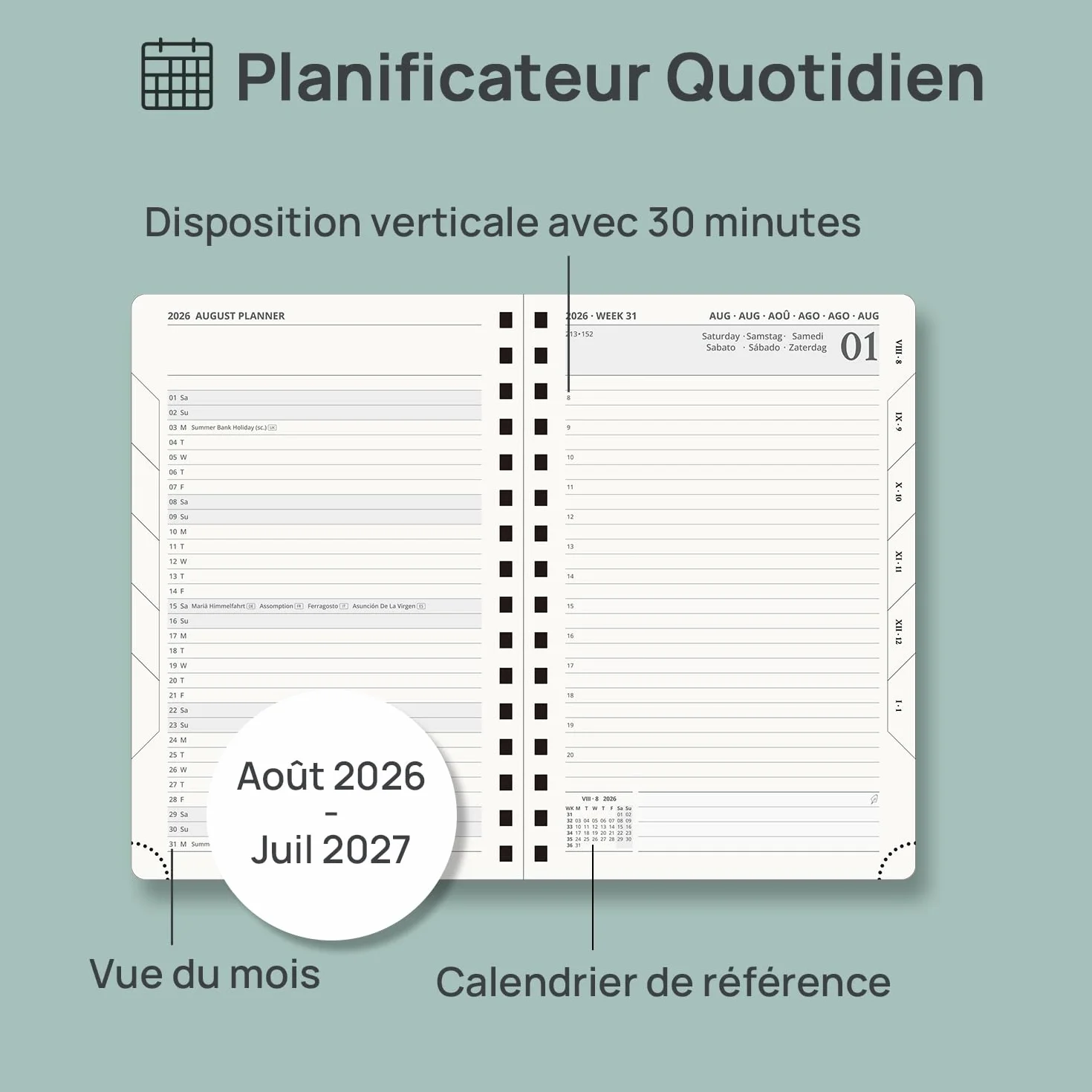 POPRUN Agenda 2026 2027 Journalier A5 21,5 x 14,5cm 1 Page par Jour Couverture Rigide Spirale Vert Minuit