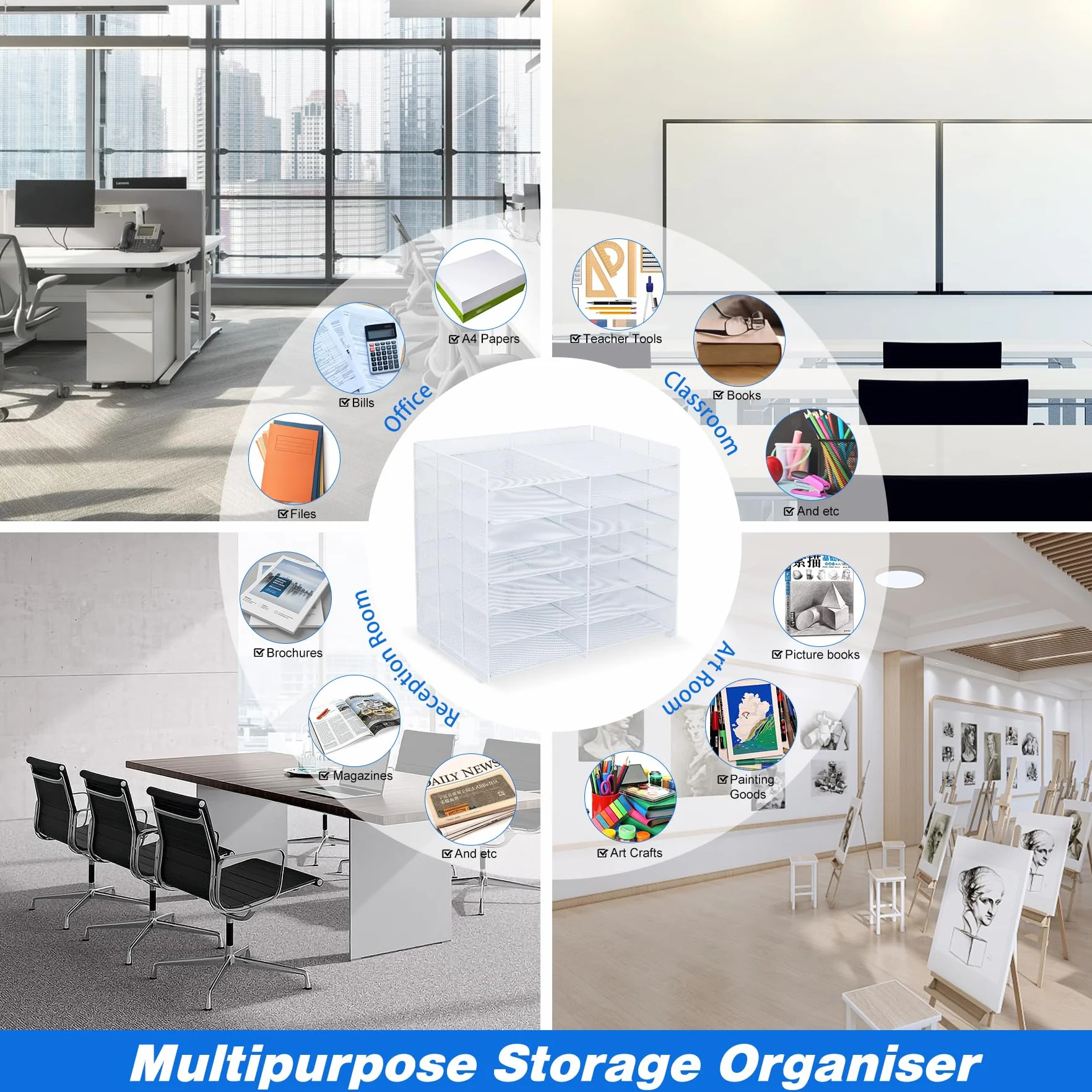 TQVAI Métal Corbeille à Courrier 7 Niveaux 12 Compartiments Organiseur de Bureau Porte Revue Bureau Trieur Documents A4 Rangement Papier (Blanc)