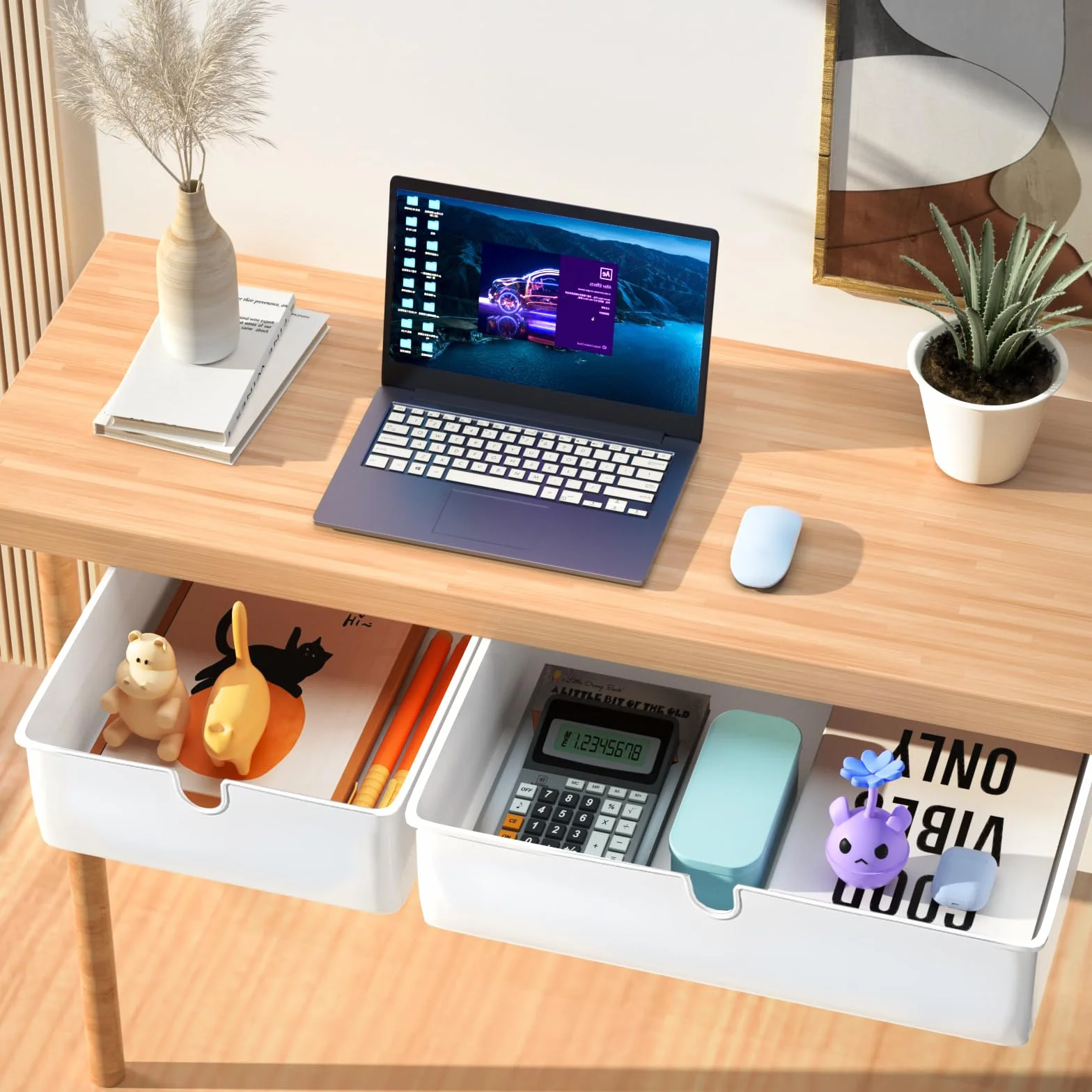 Lot de 2 Tiroirs de Rangement Autocollants, Sous Organisateur de Bureau, Grande Capacité, Blanc