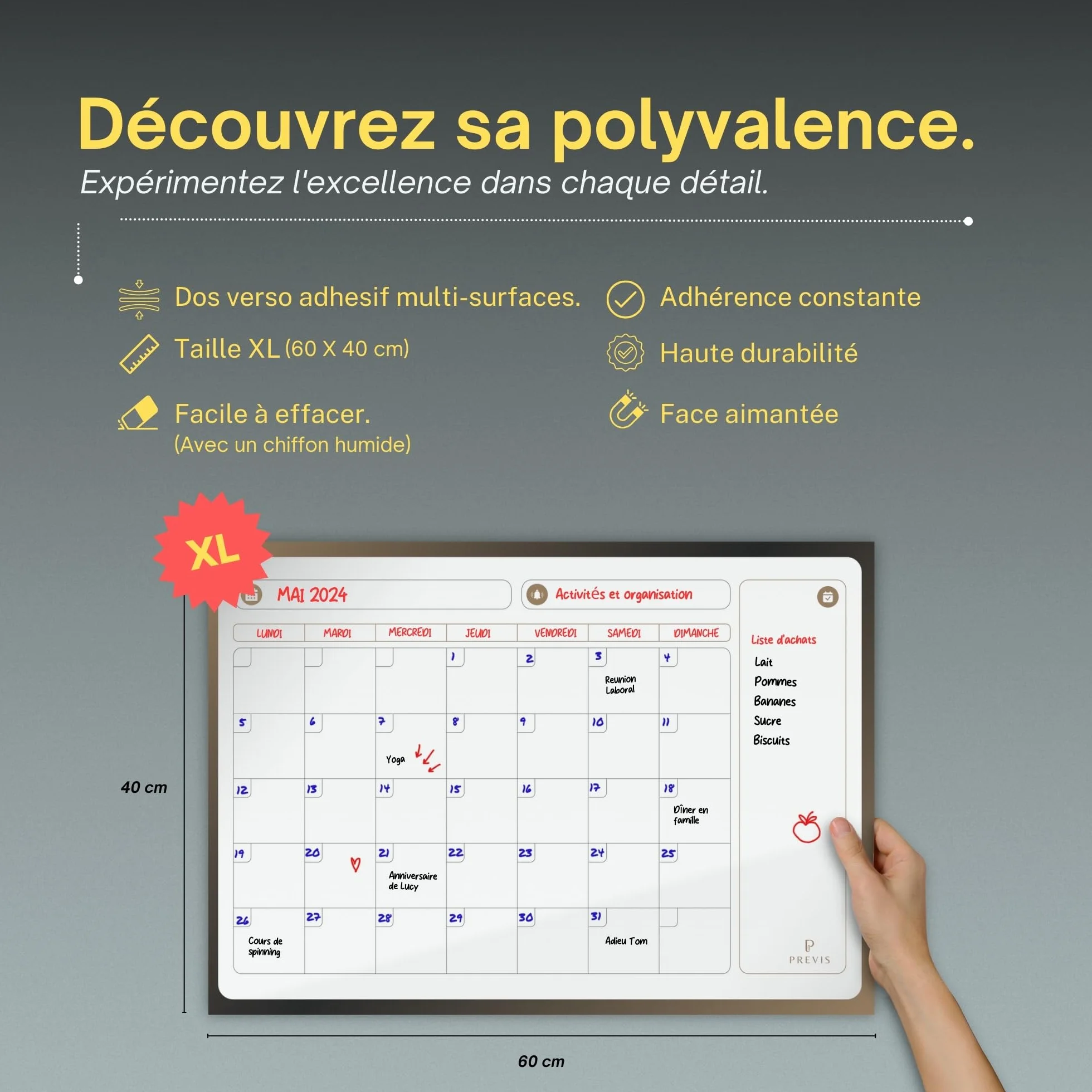 PREVIS Calendrier Mensuel Mural Effacable A2 60x40cm avec 3 feutres - Tableau Organisateur Mural Planning Mensuel 2025 Grand Format Familial