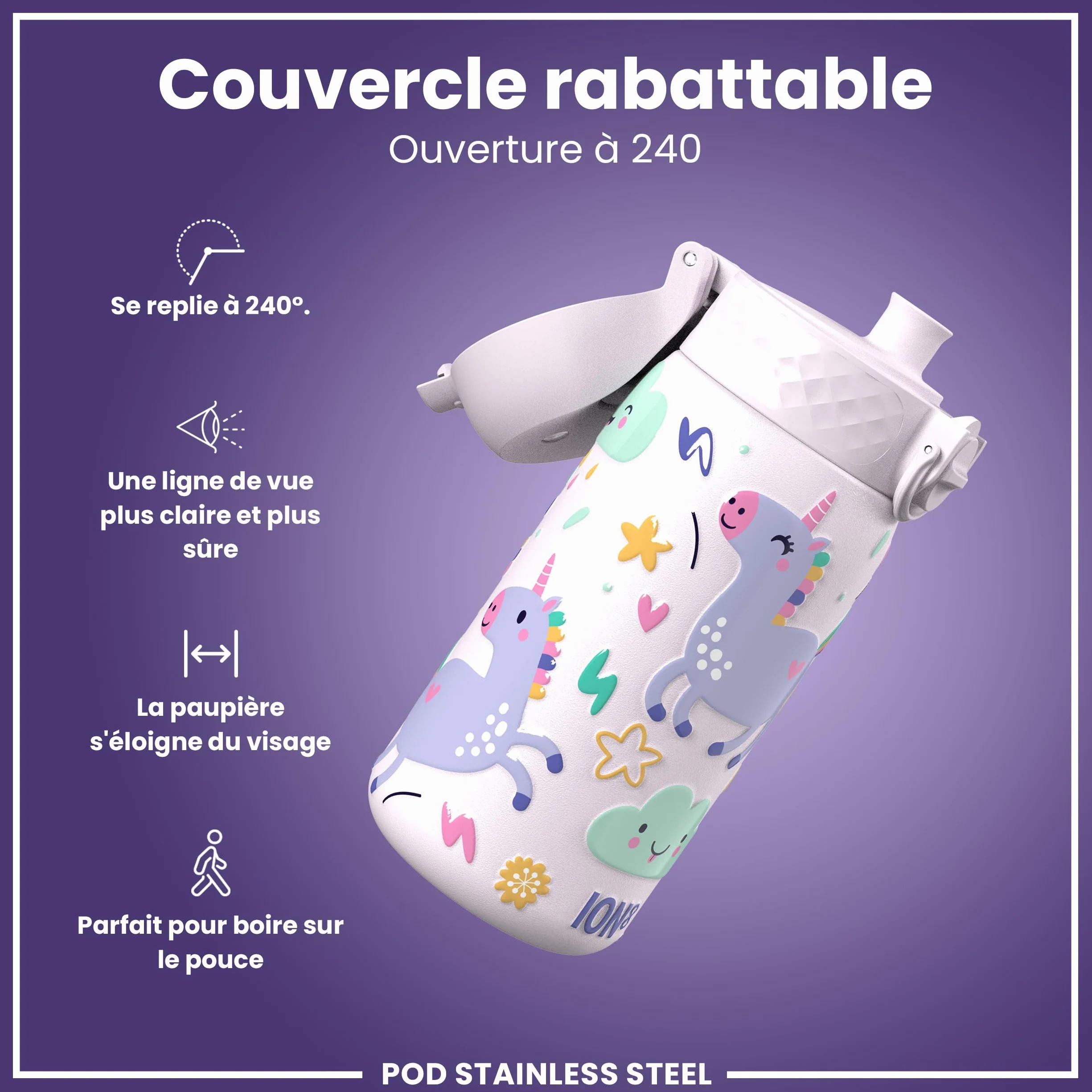 ION8 Gourde Enfant Anti-Fuite Verrouillage Sécurisé Lavable Lave-Vaisselle Motif Licornes