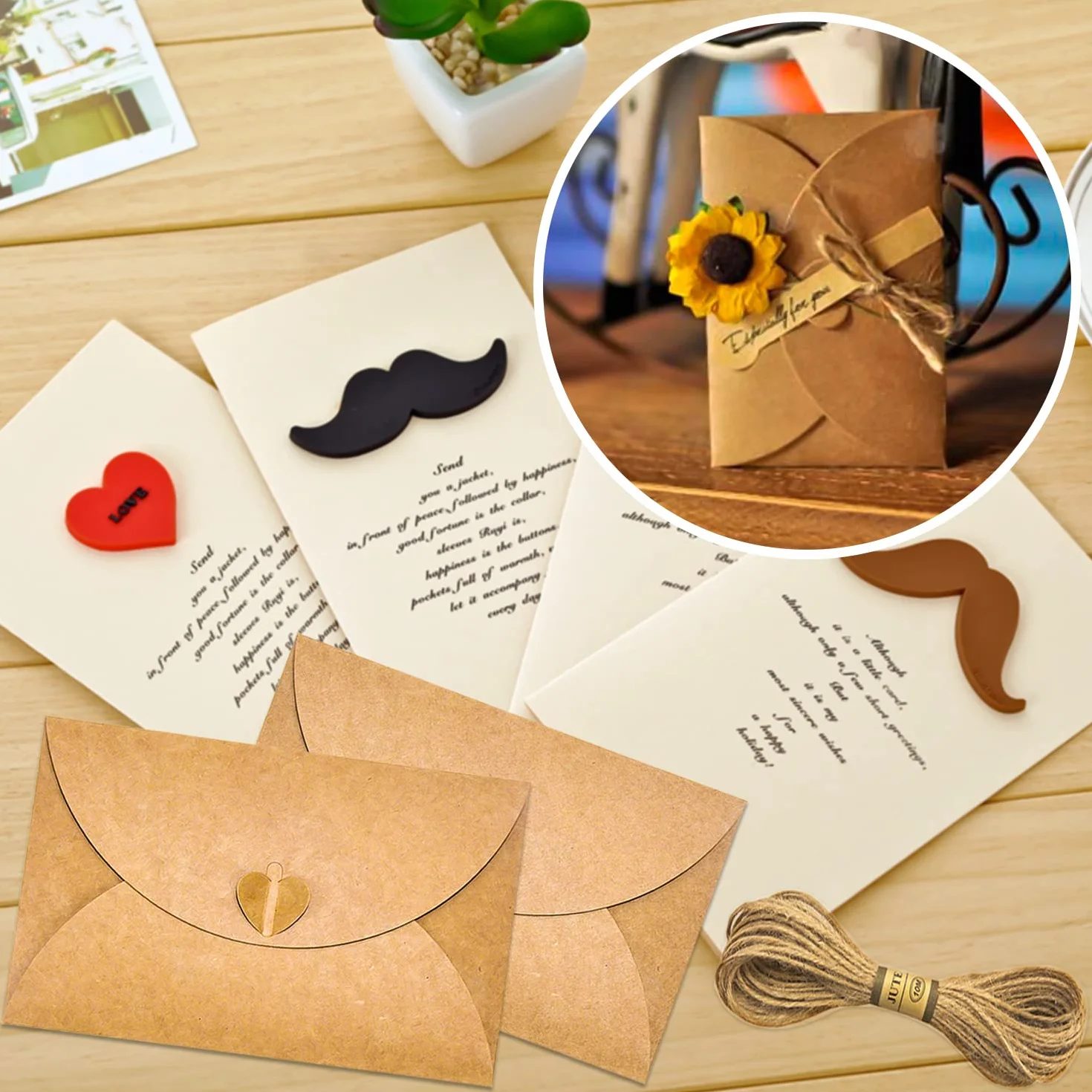 Enveloppes en Papier Kraft 50pcs 17.5x11cm Mini Enveloppe Carte Cadeau avec Coeur Fermoir