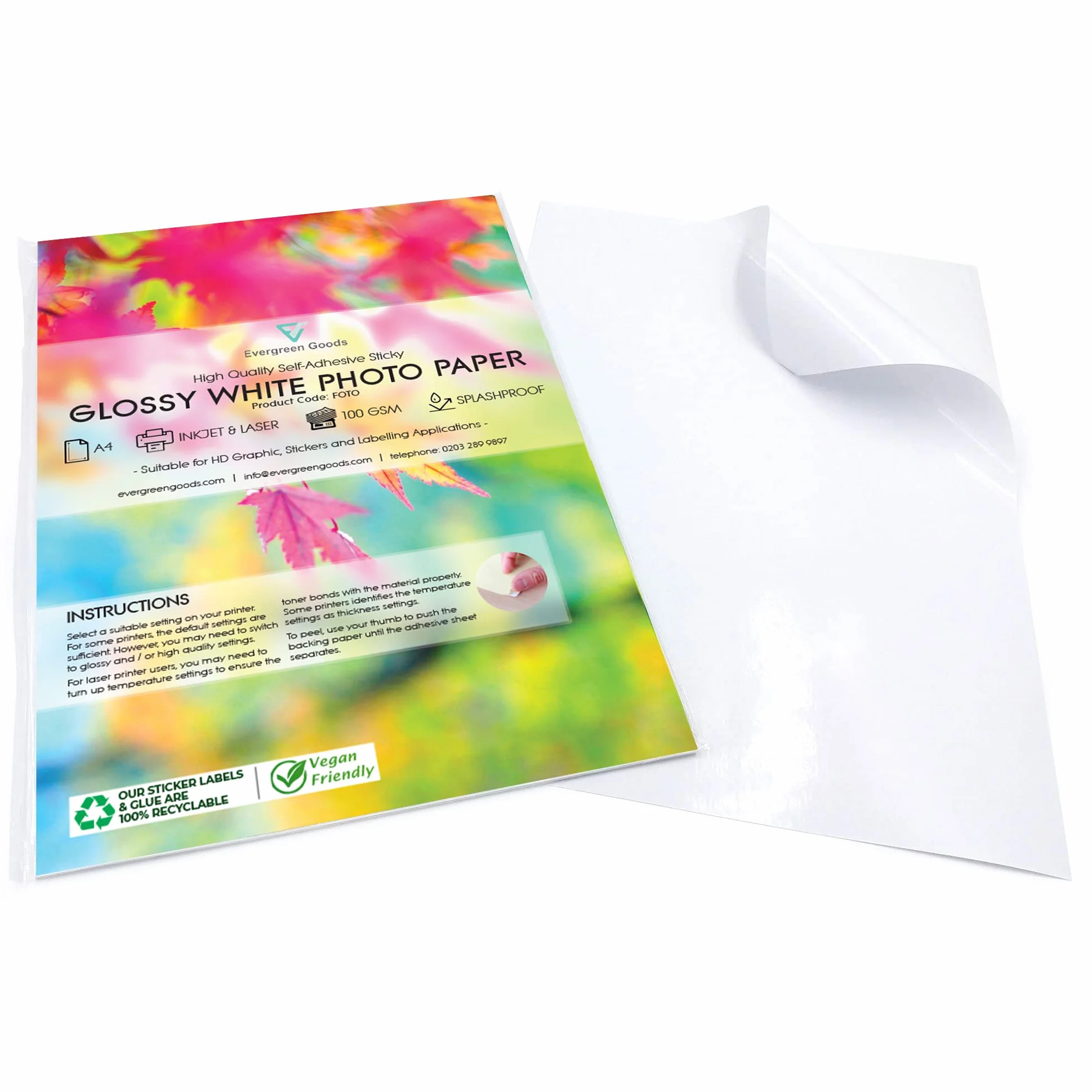 Evergreen Goods A4 Papier Autocollant Brillant Imprimable 100 gsm Résistant aux Éclaboussures Jet d'Encre et Laser Feuilles Autocollantes Recyclables Blanches