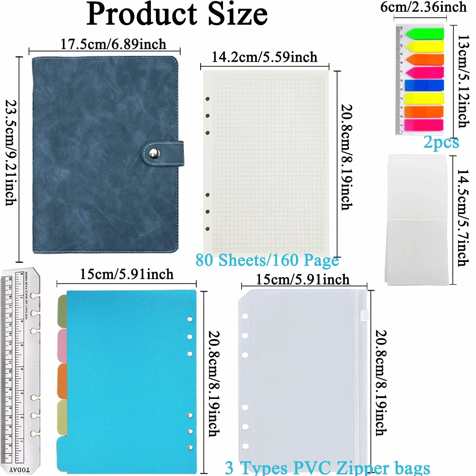 Carnet à Anneaux A5 Rechargeable PU Cuir pour Travail Voyage Organisateur Cadeau Bleu