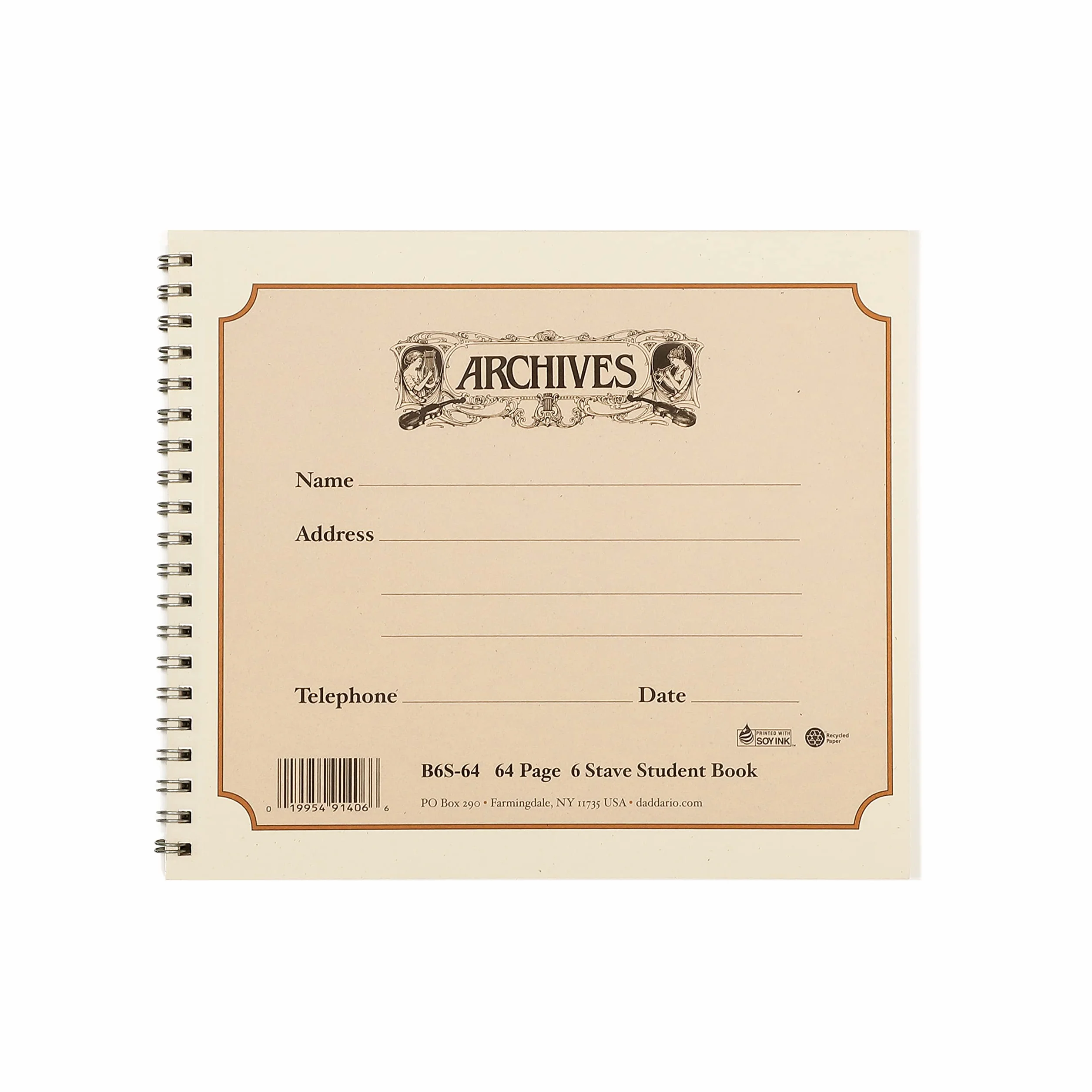 D'Addario B6S-64 Cahier Manuscrit à Reliure Spirale Archives, 6 Portées, 64 Feuilles