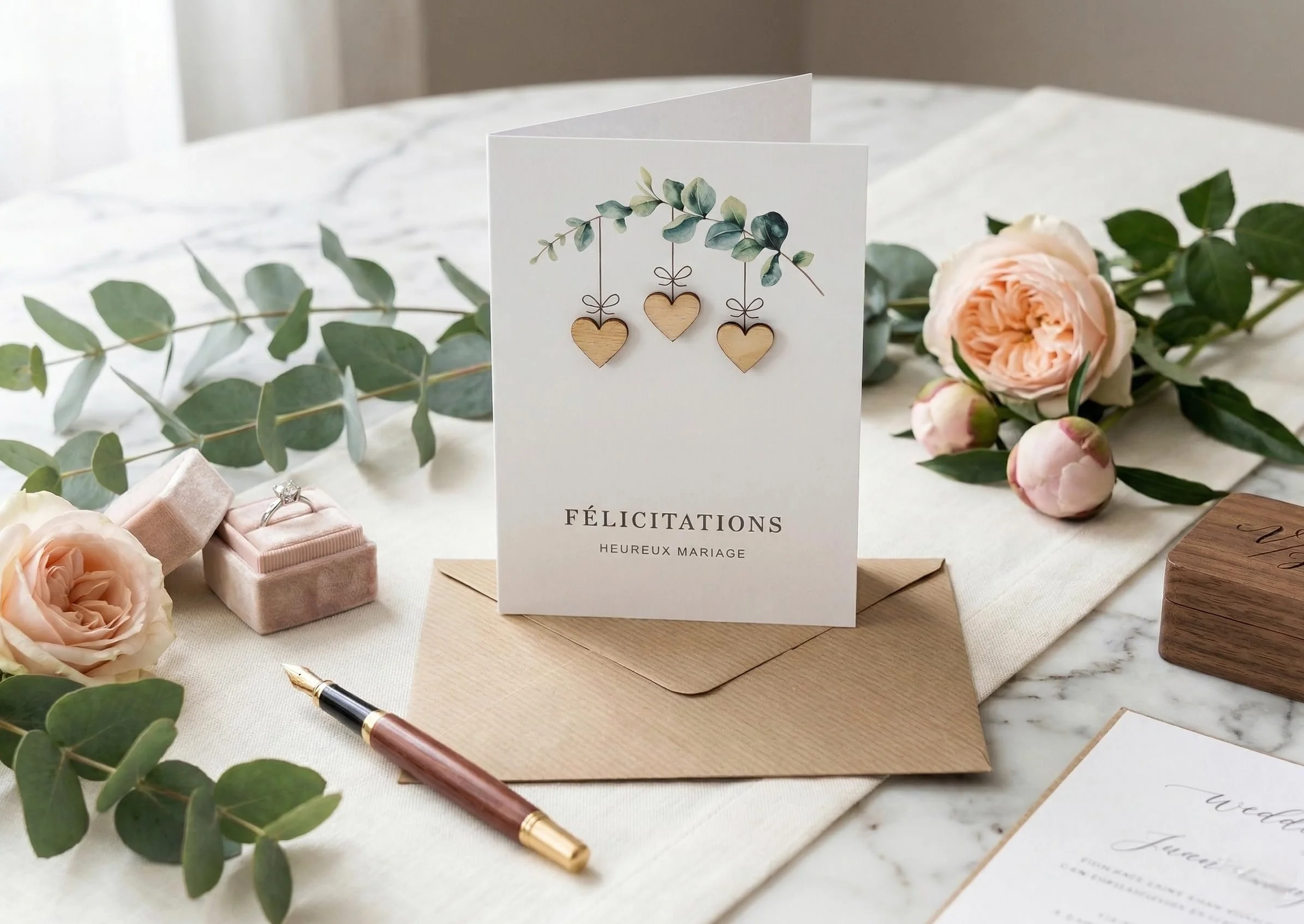 Carte Mariage Originale A6 Coeurs en Bois Enveloppe Incluse France