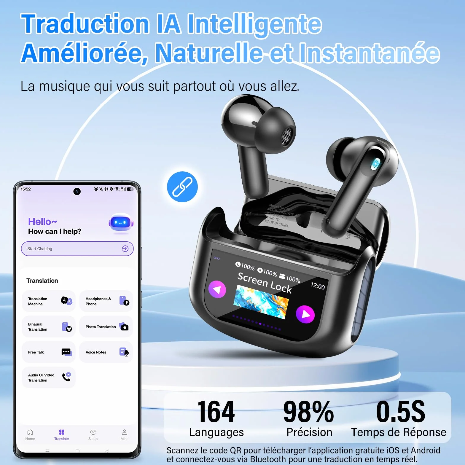 AI Écouteur Traducteur Instantané 164 Langues, ANC/ENC Réduction du Bruit, IPX7 Étanche, 48H Autonomie