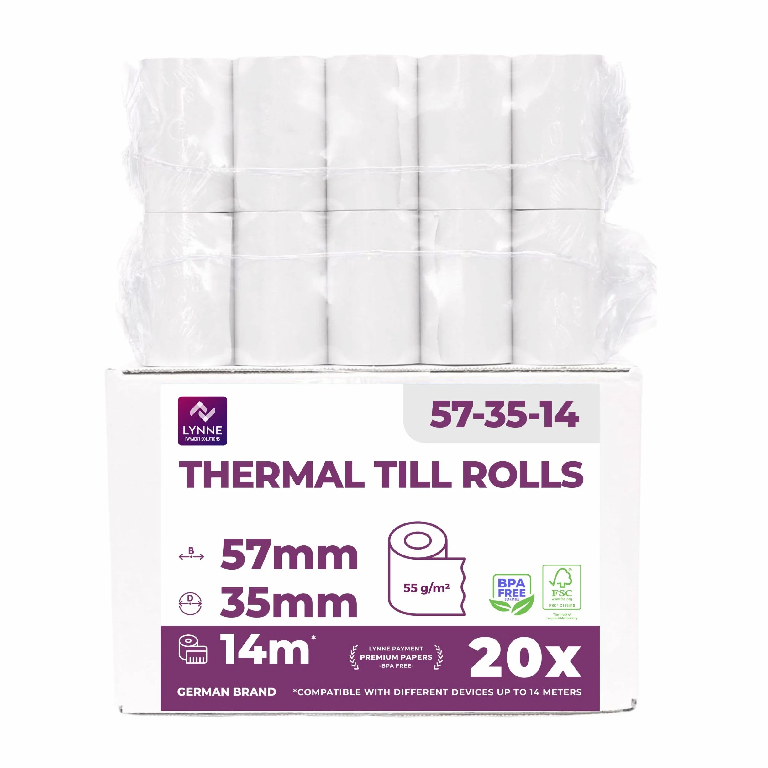 Rouleau TPE Carte Bancaire 57x35x12 - Bobine Papier Thermique 57mm x 14m x 12mm - sans BPA - 20x